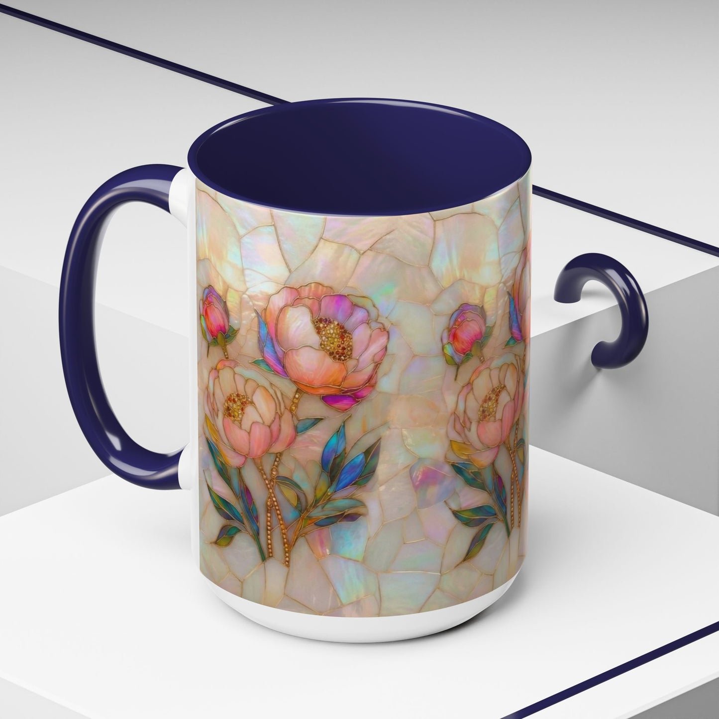 Peony Stained Glass Accent Coffee Mug – Floral Art 11/15oz - 14519