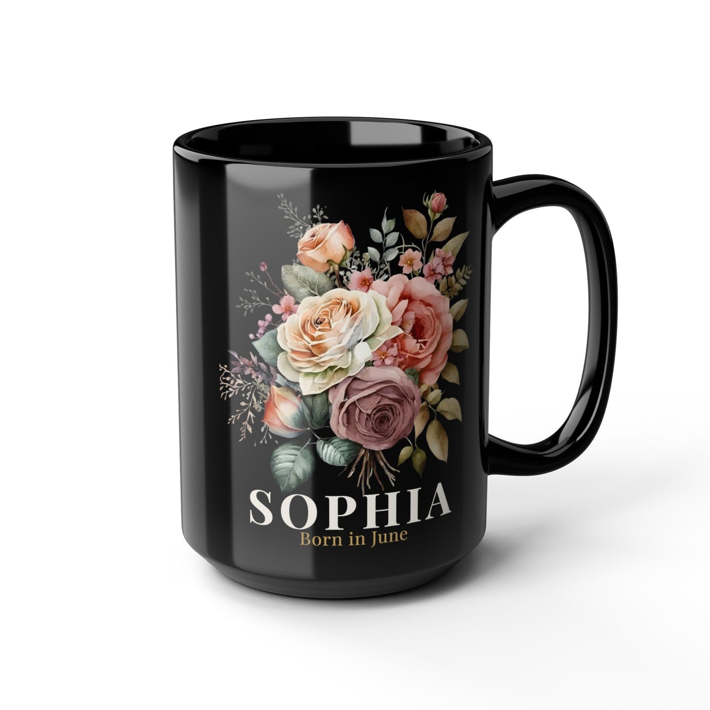 Custom Born in June Mug – Personalized June Birthday Floral Rose Coffee Cup, Black Ceramic Mug 11oz 15oz - 14894