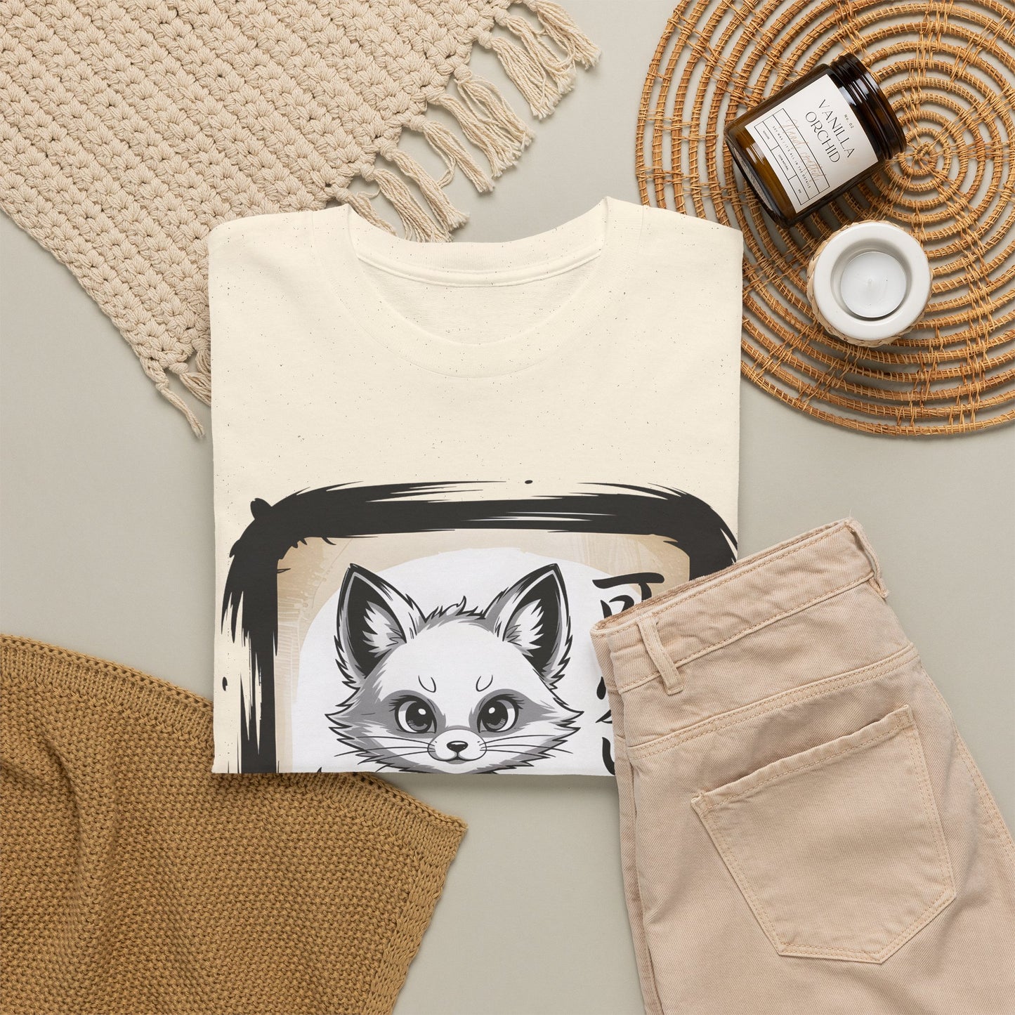 Fox Spirit Tee – Kawaii Fox Samurai with Japanese Calligraphy T-Shirt - 14911