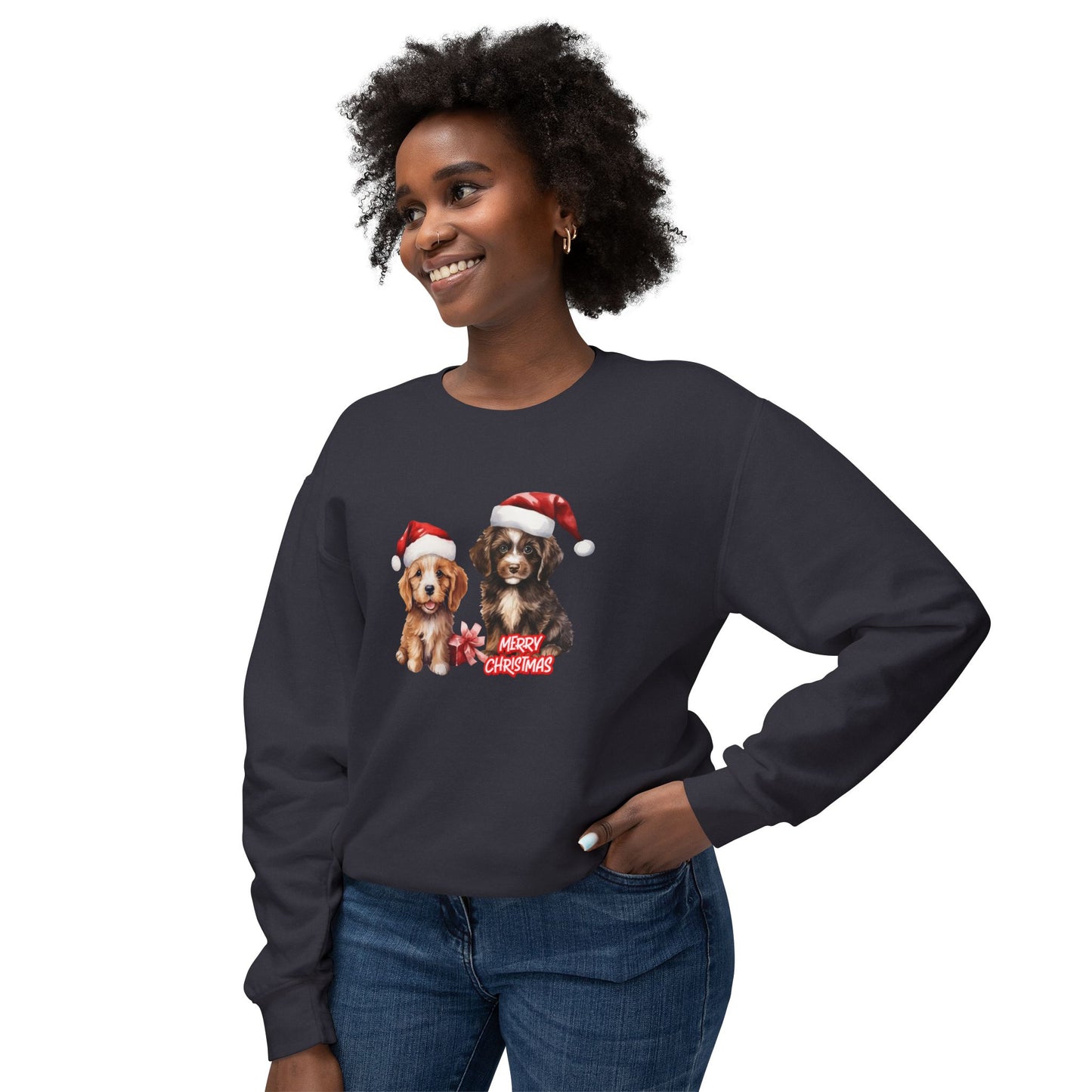 Two Puppies, Merry Christmas - Unisex Lightweight Crewneck Sweatshirt - 10269