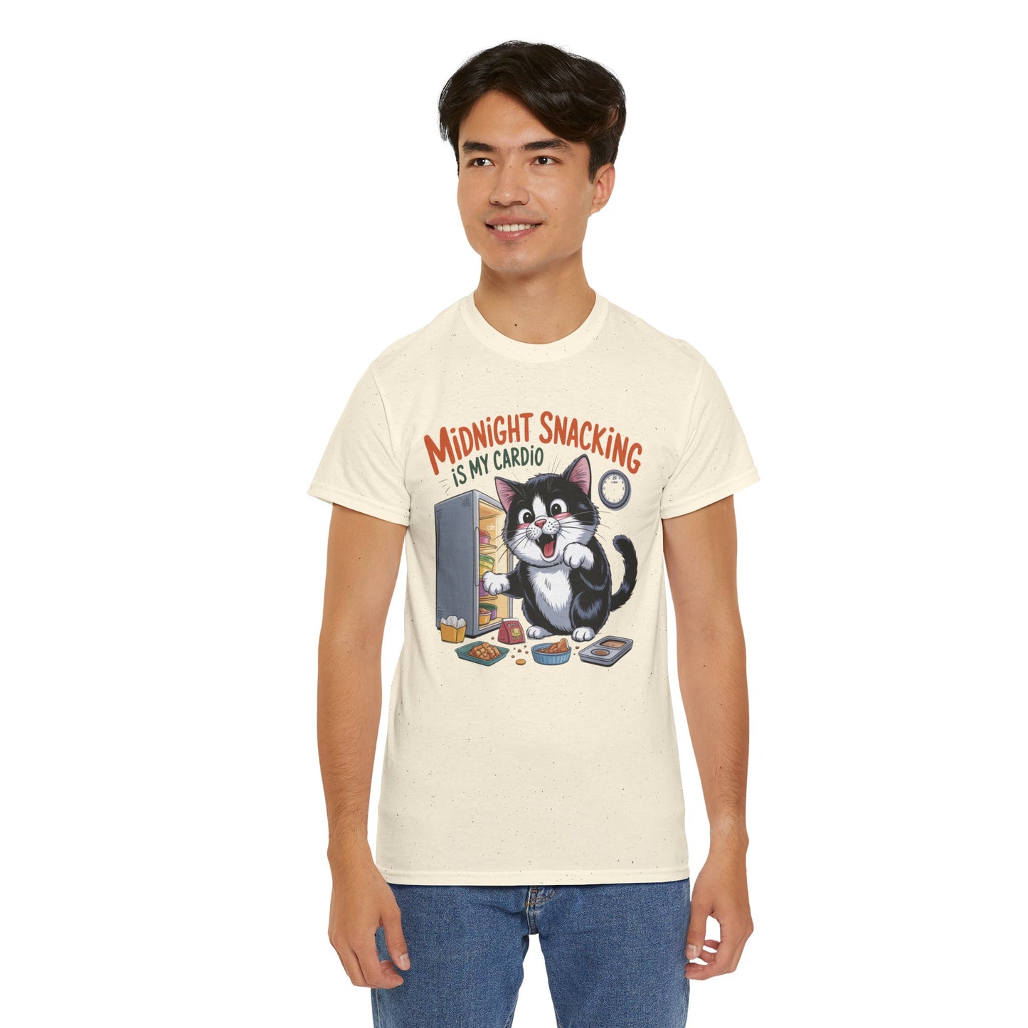 Midnight Snacking Is My Cardio T-Shirt — Funny Cat Graphic Tee, Cute Food Lover Gift - 14865