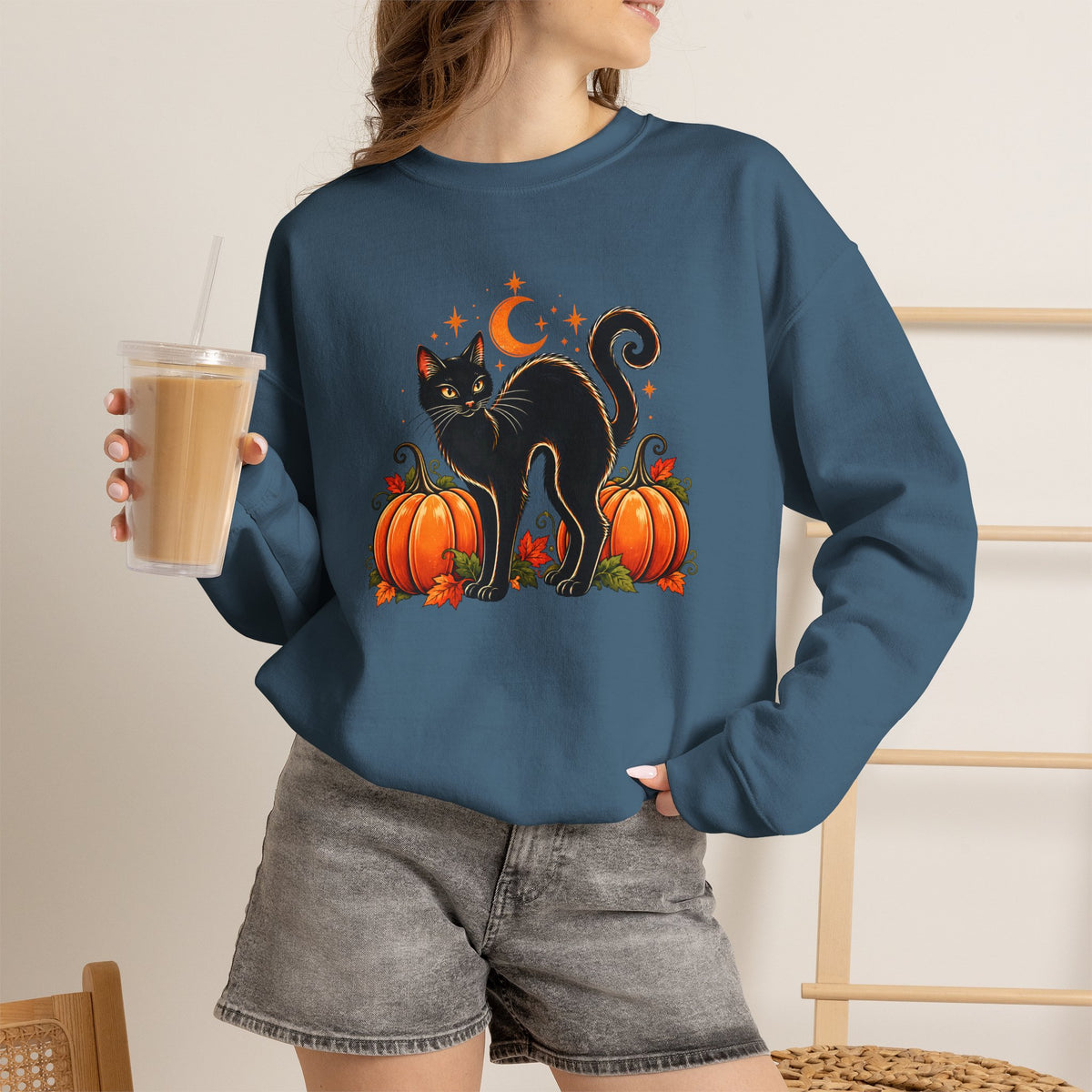 Halloween Black Cat & Pumpkins Sweatshirt, Vintage Autumn Crewneck - 14521