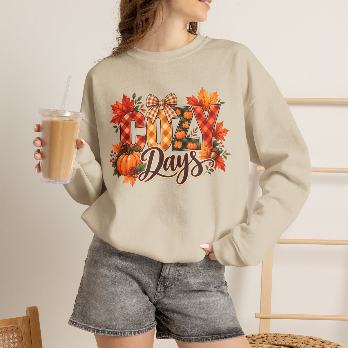 Cozy Days Sweatshirt,  Fall Pumpkin & Plaid Crewneck - 14525