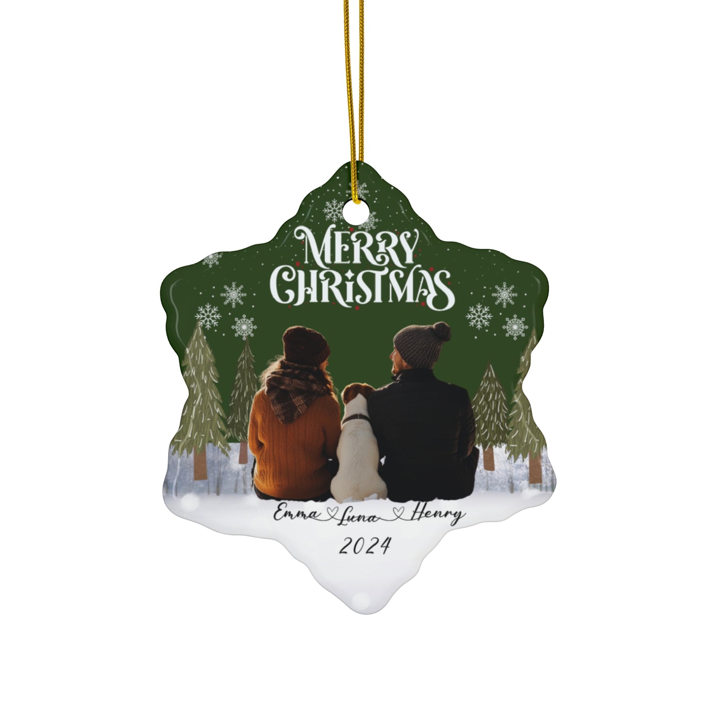 Couple With A Dog, Customizable -  Ceramic Ornament, 4 Shapes - 10032