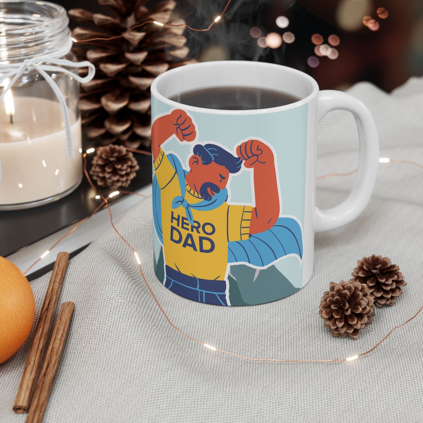 Hero Dad, Happy Father's Day Ceramic Mug - Fun Gift for Dads, Unique Coffee Tea Cup, Father's Day Present, Customizable Design, 11oz & 15oz - 14017