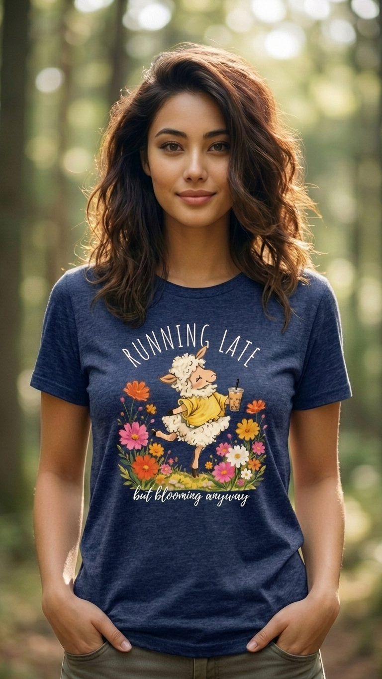 Running Late But Blooming Anyway T-Shirt, Cute Floral Lamb Graphic Tee - 14941
