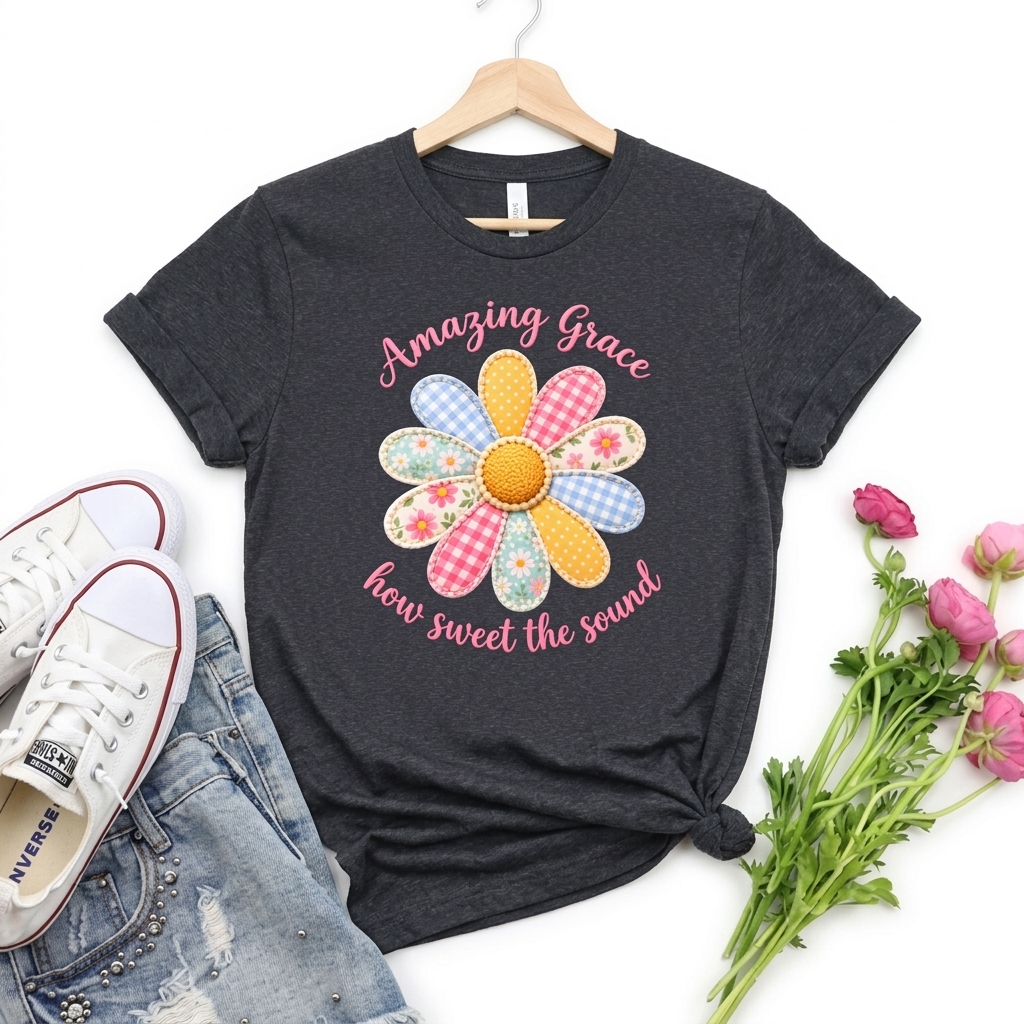 Amazing Grace Daisy T-Shirt, “How Sweet the Sound” Floral Christian Tee - 14992