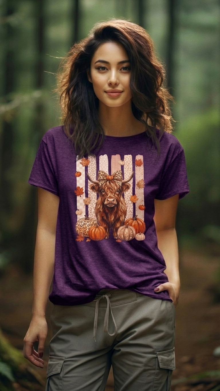 Highland Cow Autumn T-Shirt — Pumpkin & Leaves Fall Graphic Tee - 14942