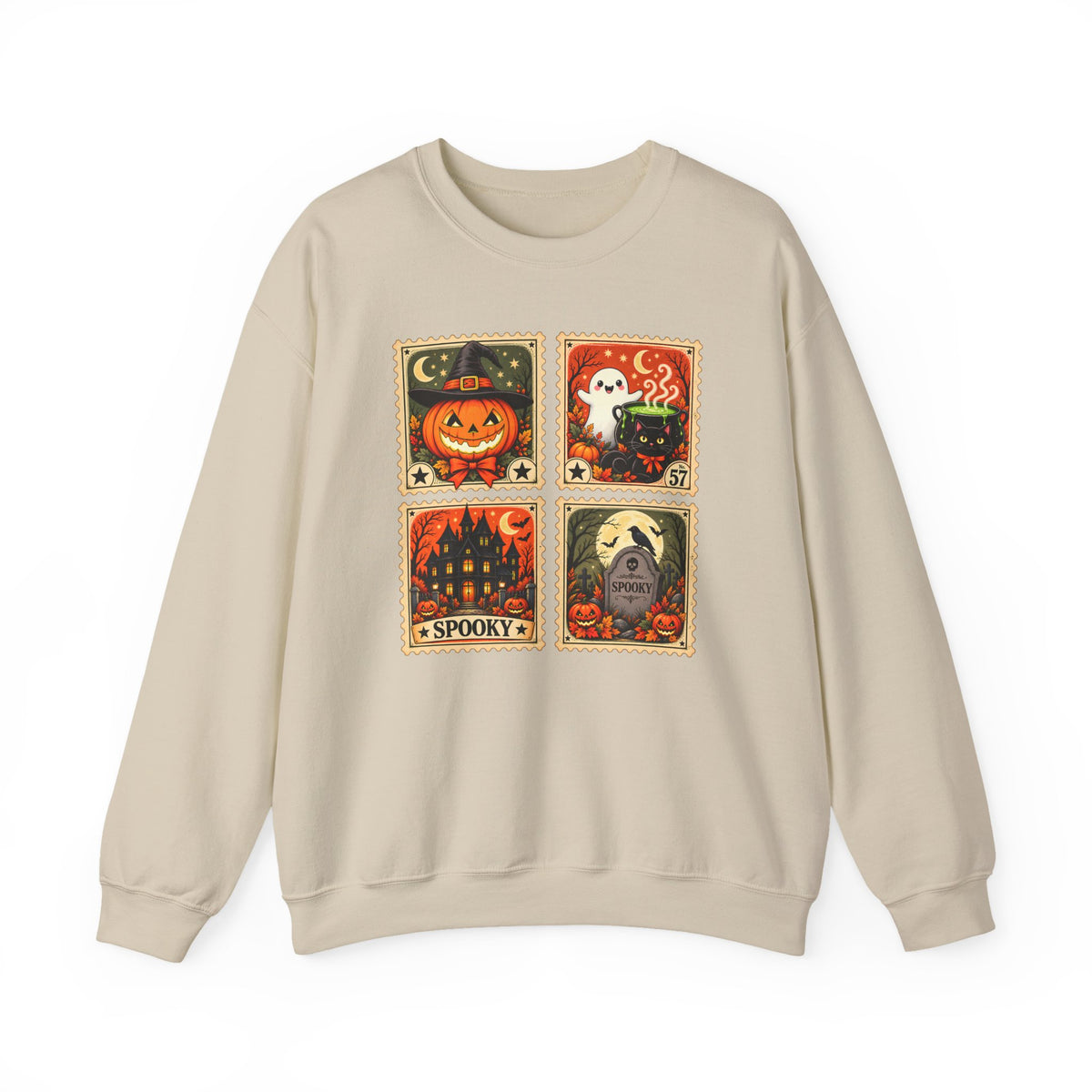 Vintage Halloween Stamp Sweatshirt, Spooky Pumpkin & Ghost Crewneck - 14510