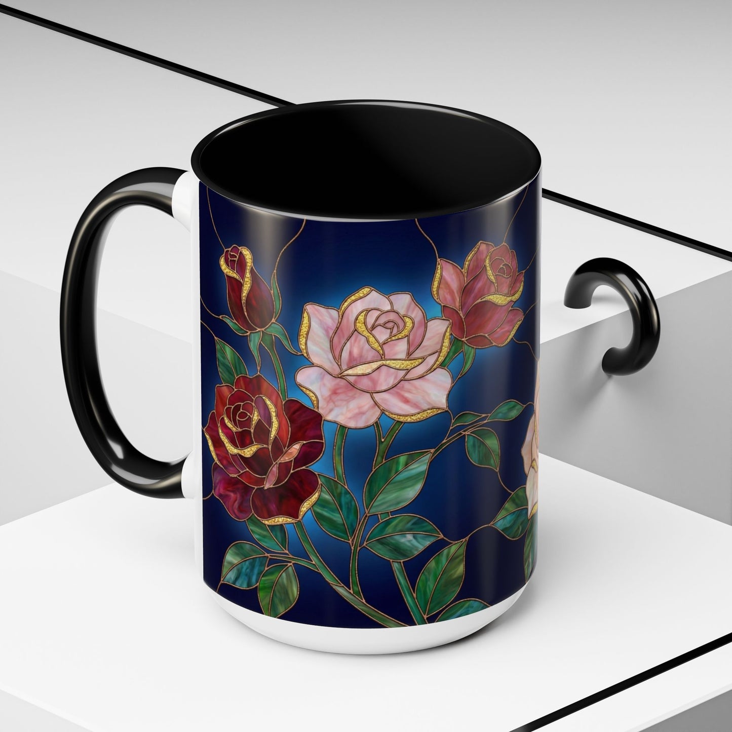 Rose Floral Accent Coffee Mug – Stained Glass Design (11/15oz) - 14551