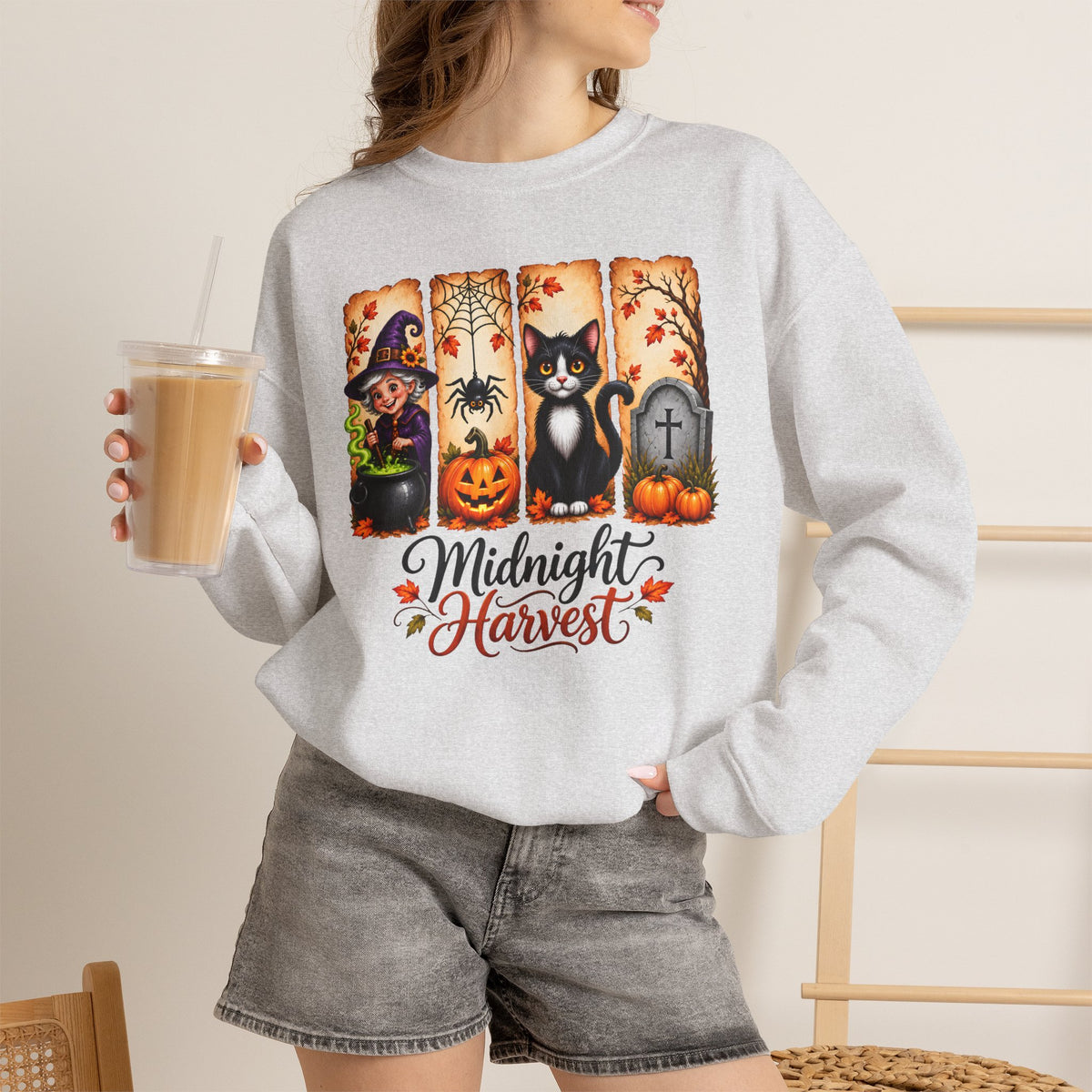 Midnight Harvest Halloween Sweatshirt, Witch, Black Cat, Pumpkins & Spooky Fall Crewneck - 14514