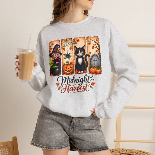 Midnight Harvest Halloween Sweatshirt, Witch, Black Cat, Pumpkins & Spooky Fall Crewneck - 14514