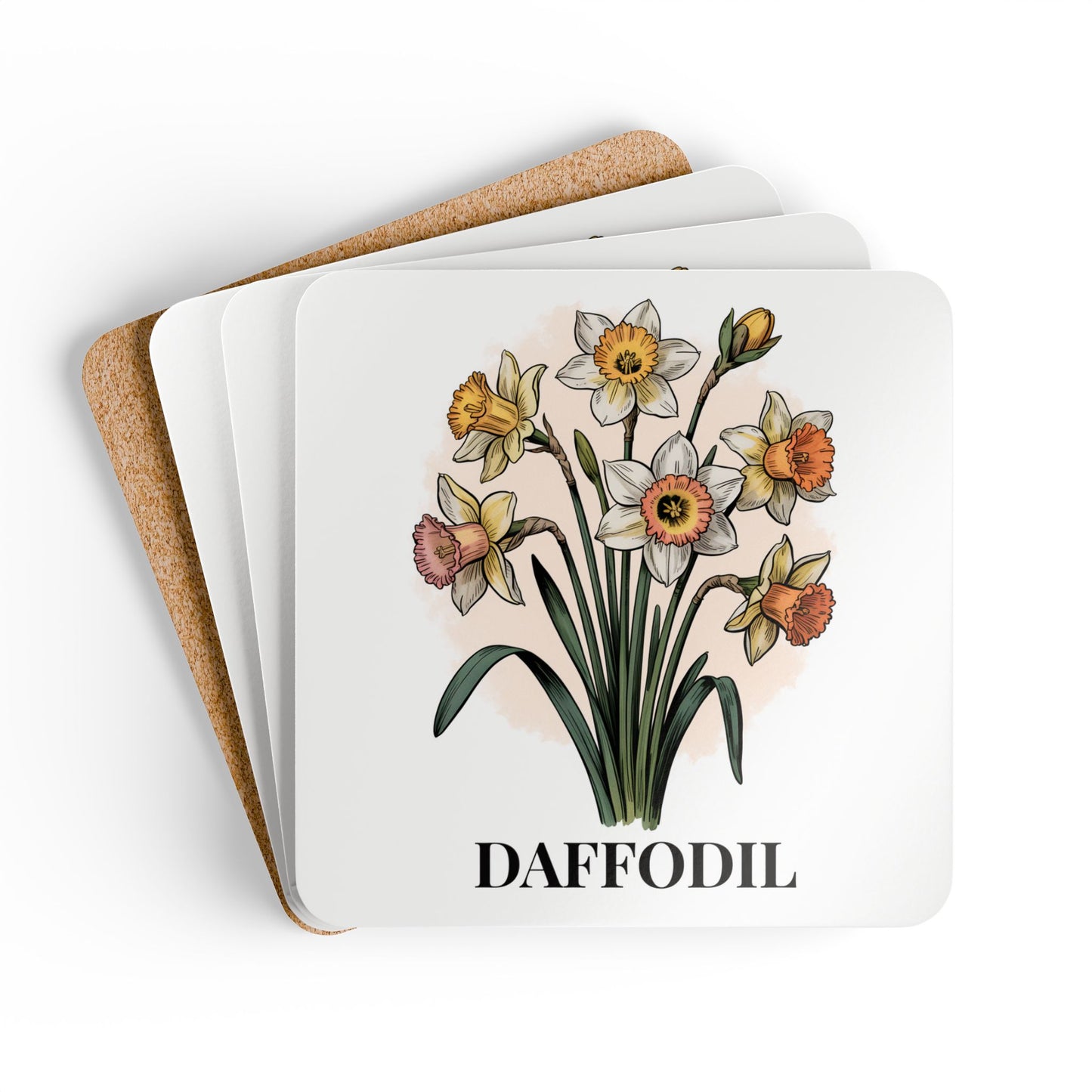 March Birth Flower Daffodil Coaster Set – Personalized Name Cork Gift for March Birthday - 14815