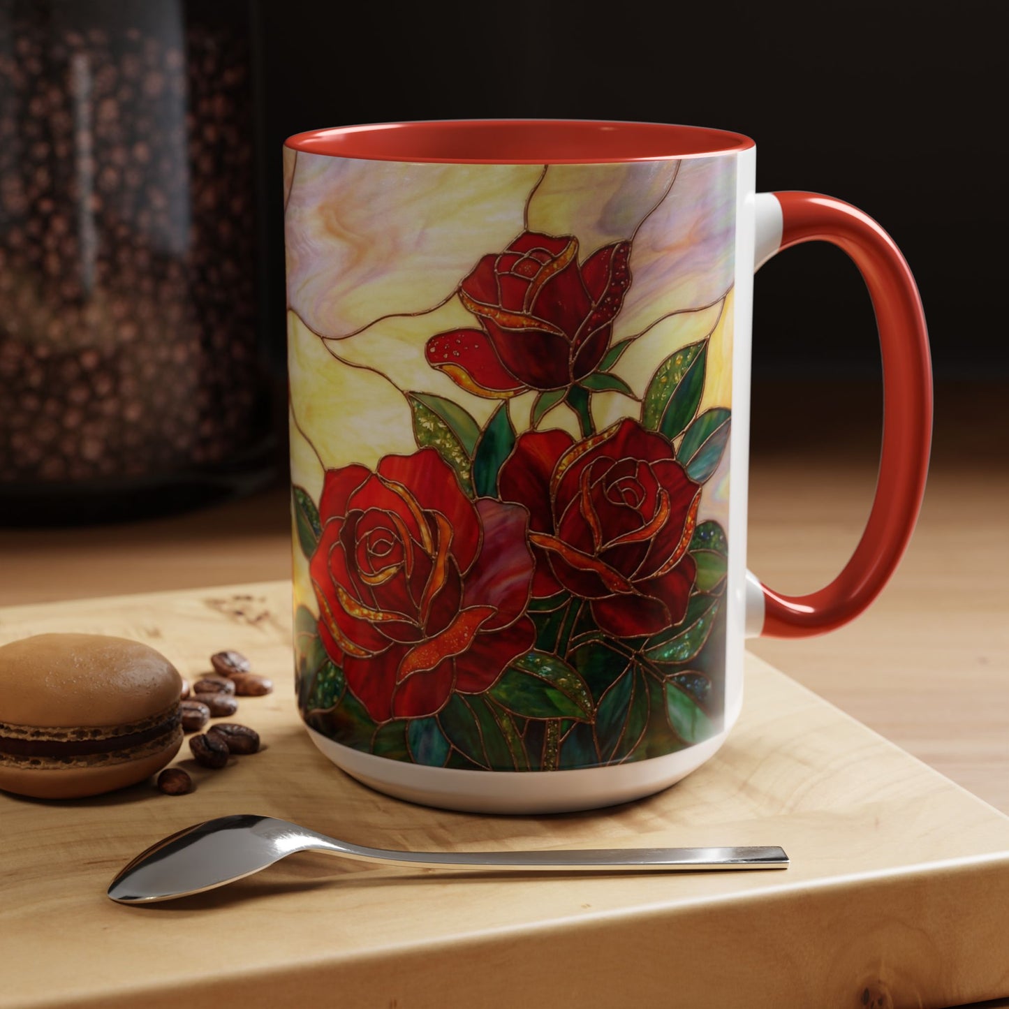 Rose Stained Glass Accent Coffee Mug – Red Roses Floral 11/15oz - 14539