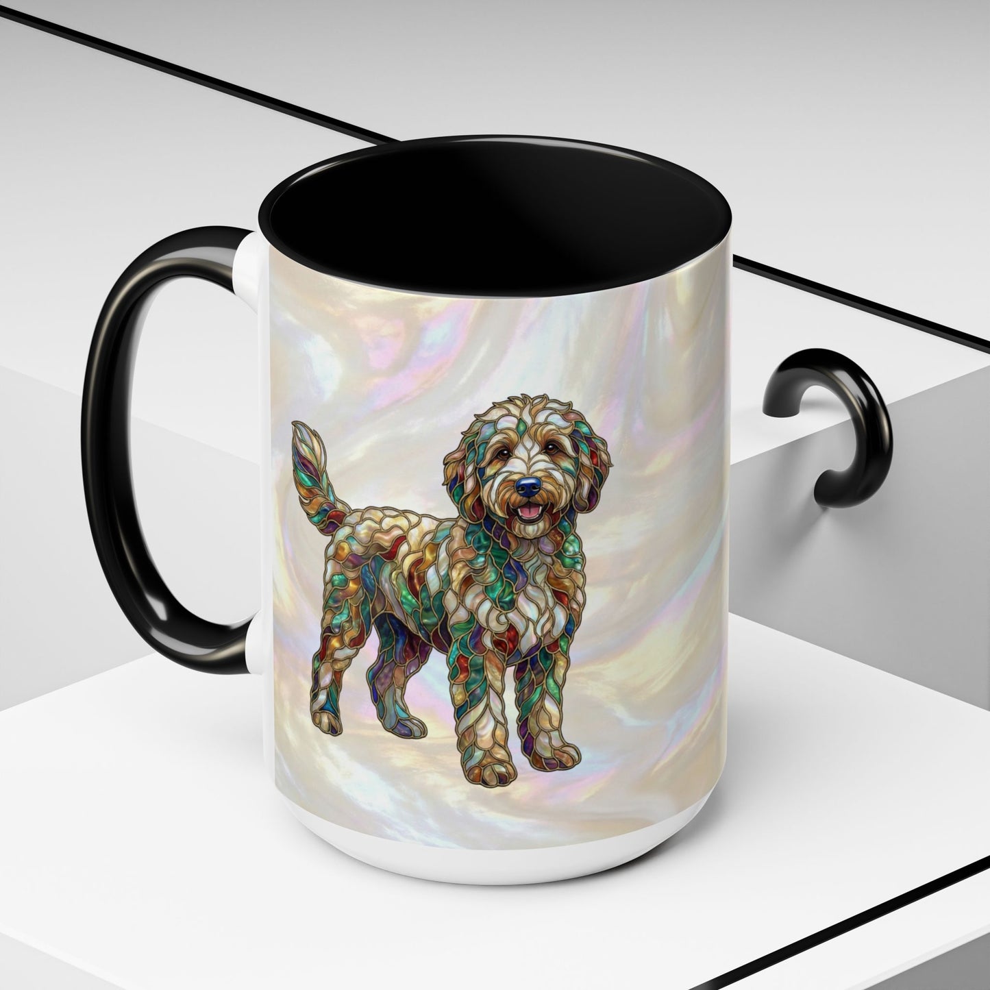 Personalized Dog (Goldendoodle) Coffee Mug - Accent Ceramic Mug with Name and Stained Glass Design - 14530