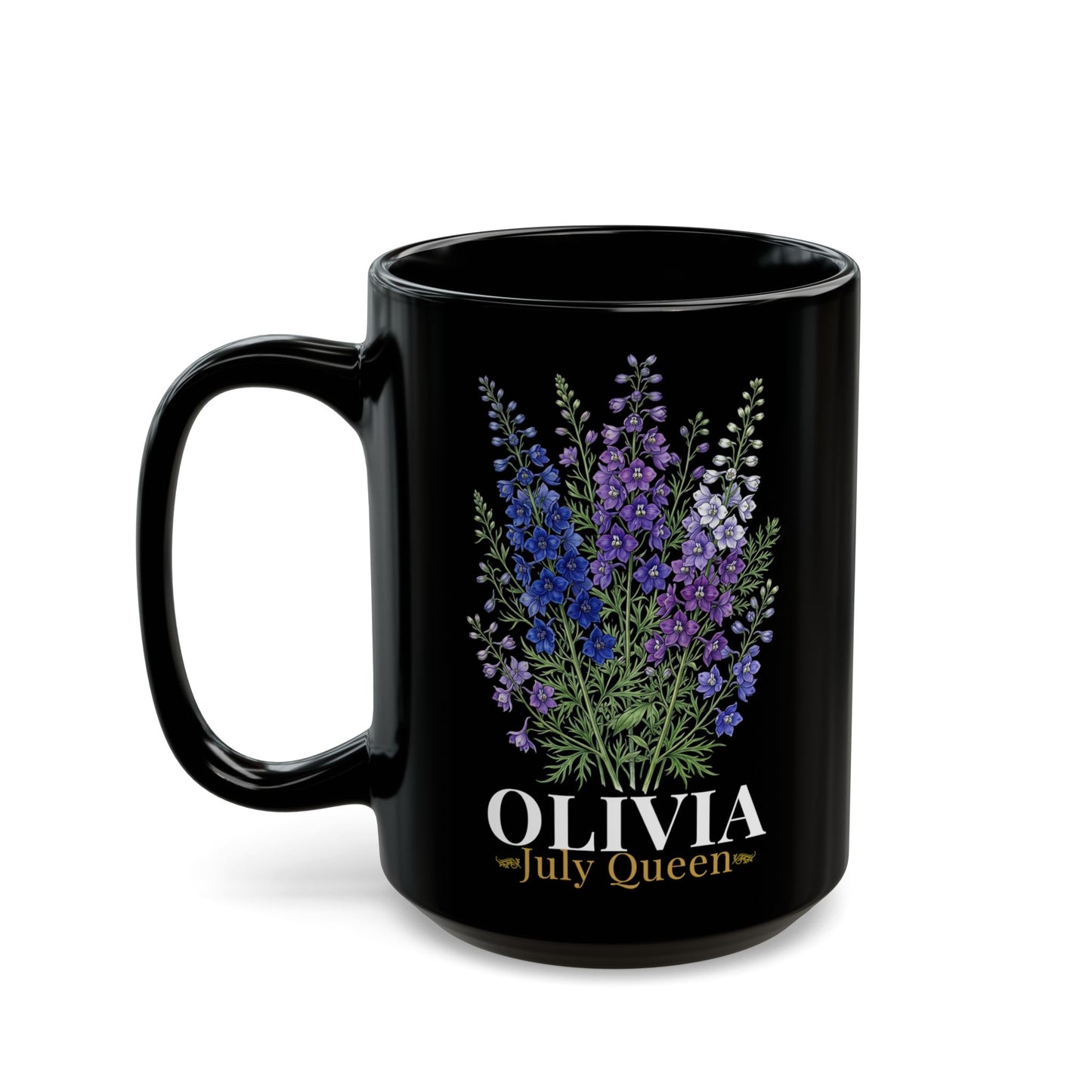 Personalized July Birth Flower Mug – Custom Name Larkspur Floral Coffee Cup, July Queen Gift for Her, Black Mug 11oz 15oz - 14905