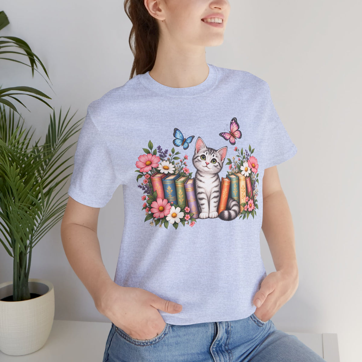 Cat & Books T-Shirt, Cute Floral Kitten & Butterfly Tee - 14526