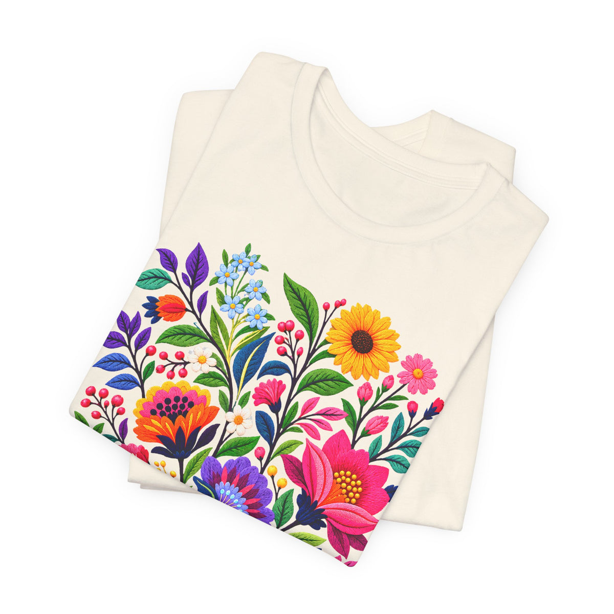 Bright Folk Art Floral T-Shirt, Colorful Flower Bouquet Tee - 14513