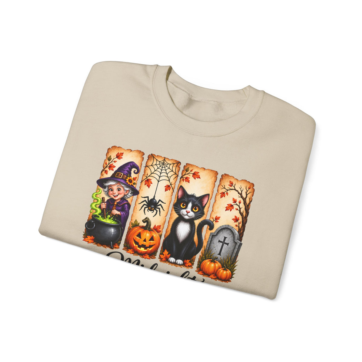 Midnight Harvest Halloween Sweatshirt, Witch, Black Cat, Pumpkins & Spooky Fall Crewneck - 14514