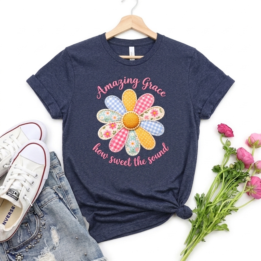 Amazing Grace Daisy T-Shirt, “How Sweet the Sound” Floral Christian Tee - 14992