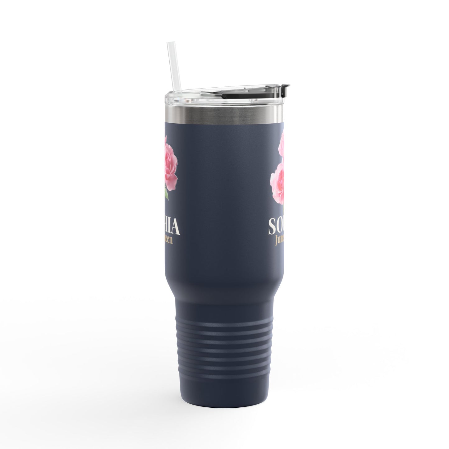 Personalized June Queen 40oz Travel Mug – Custom Name Floral Insulated Tumbler Gift for Her - 14903