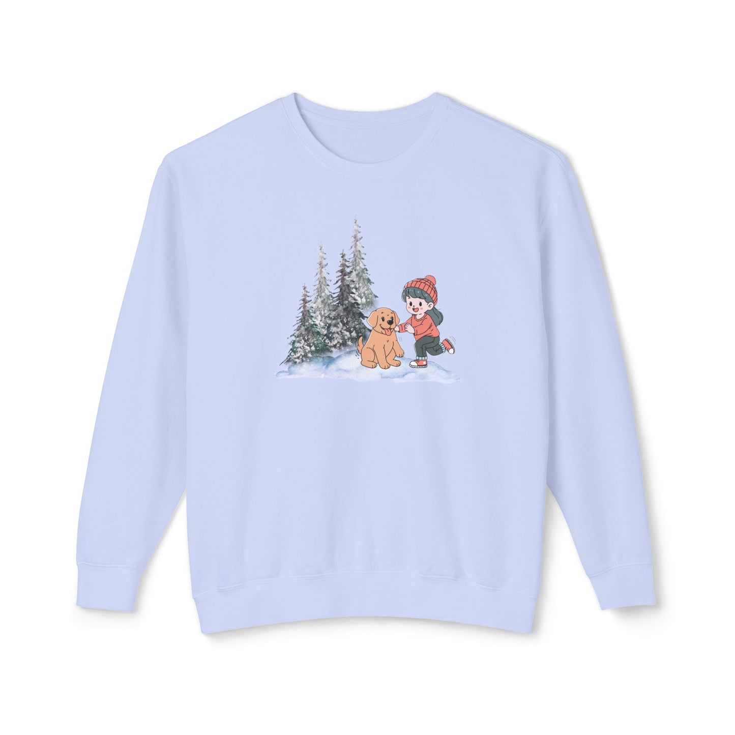 Winter Trees, Girl & Doggy - Unisex Lightweight Crewneck Sweatshirt - 10262