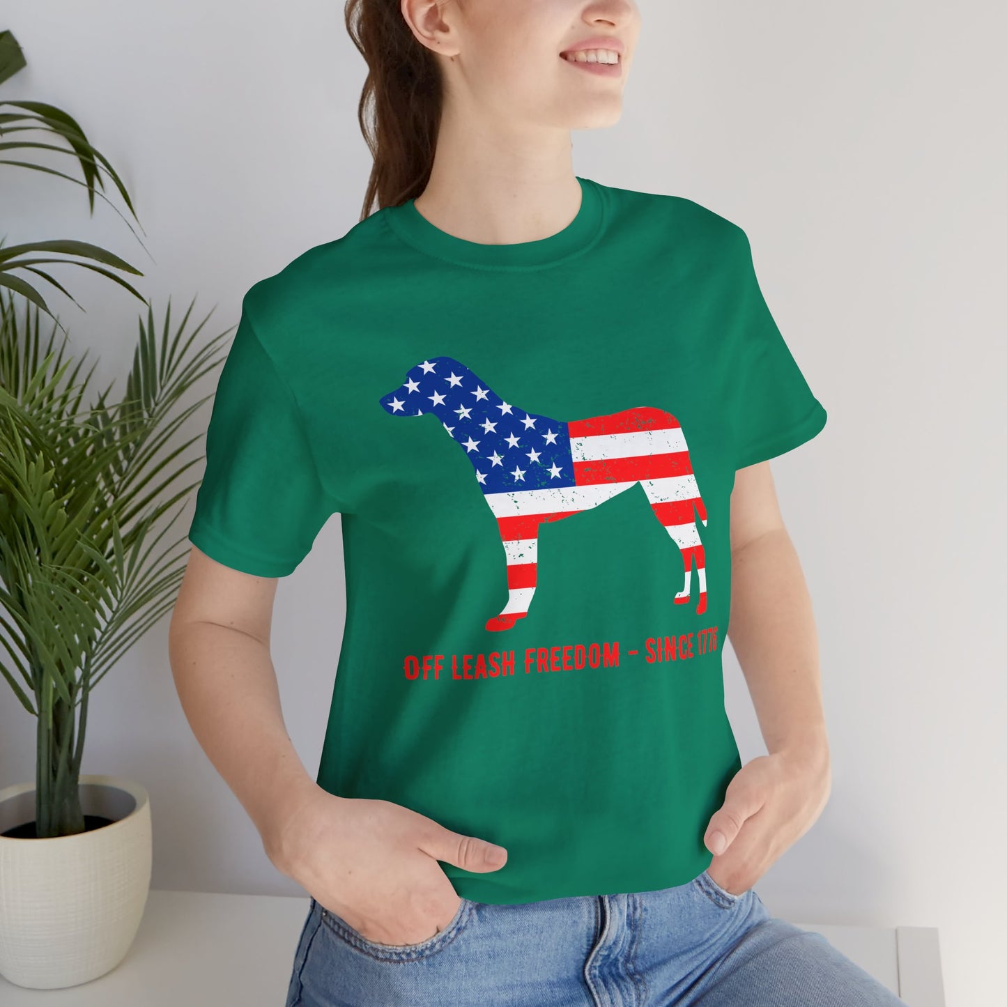 Patriotic Dog Lover Tee | Off Leash Freedom T-shirt, Dog Graphic Shirt, Fourth of July Gift, Casual Wear, Pet Lover Apparel - 13790