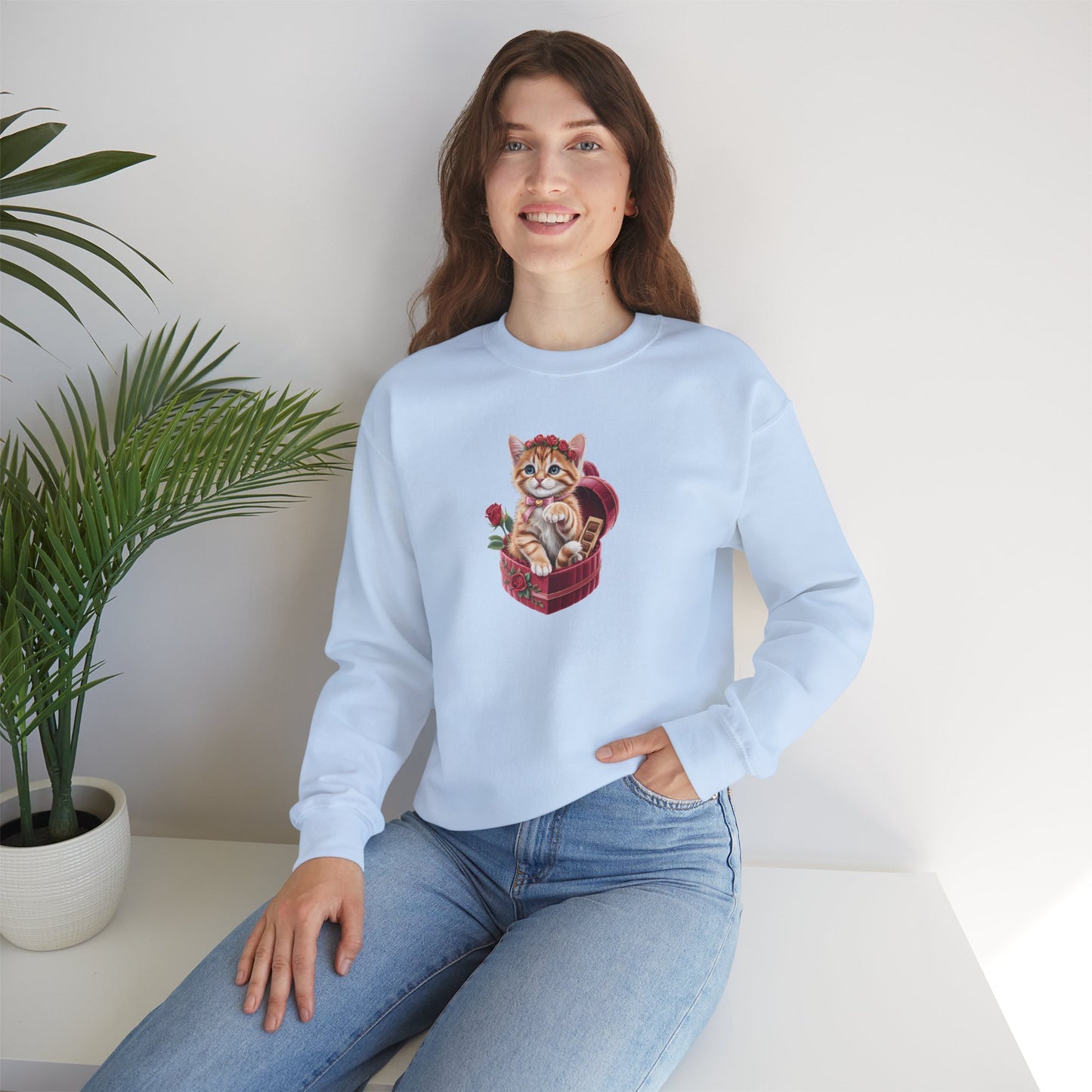 Cute Cat Valentine Sweatshirt – Adorable Cat Illustration Crewneck, Romantic Gift for Cat Lovers - 14774