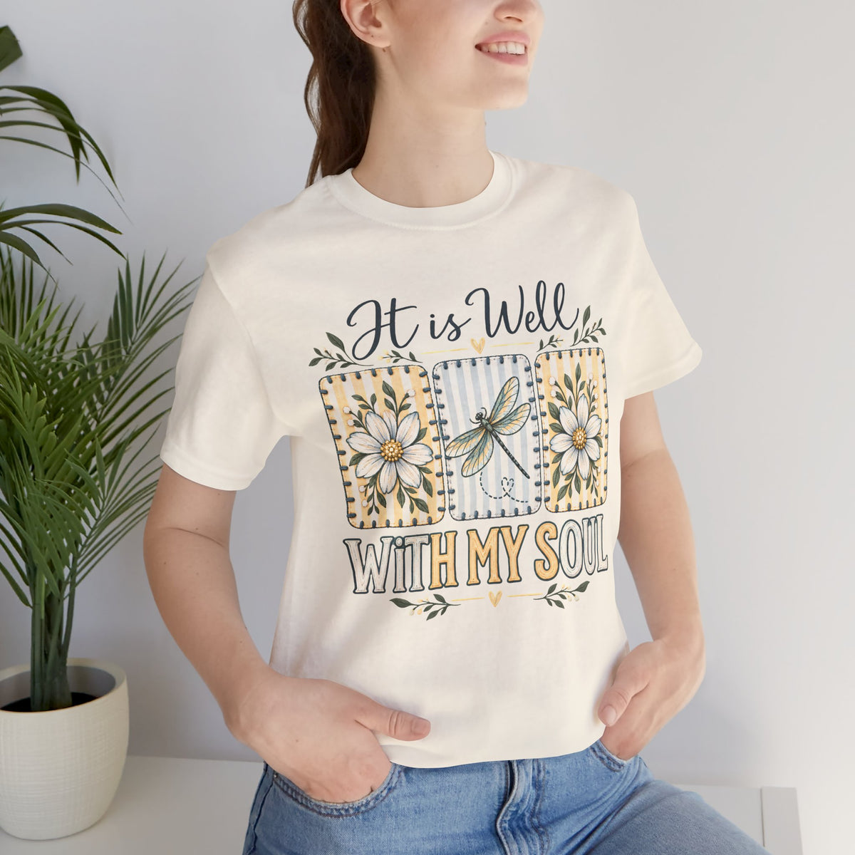 It Is Well With My Soul T-Shirt, Floral Dragonfly Christian Faith Tee - 14991
