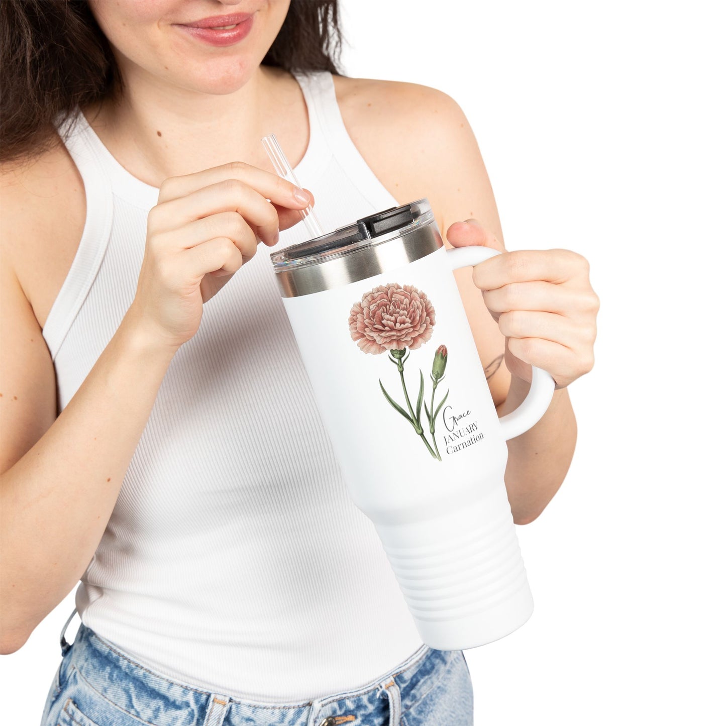 Carnation Floral Tumbler (Expressive) – January Birth Flower Gift | 40oz Insulated Travel Mug, Customizable — 14691