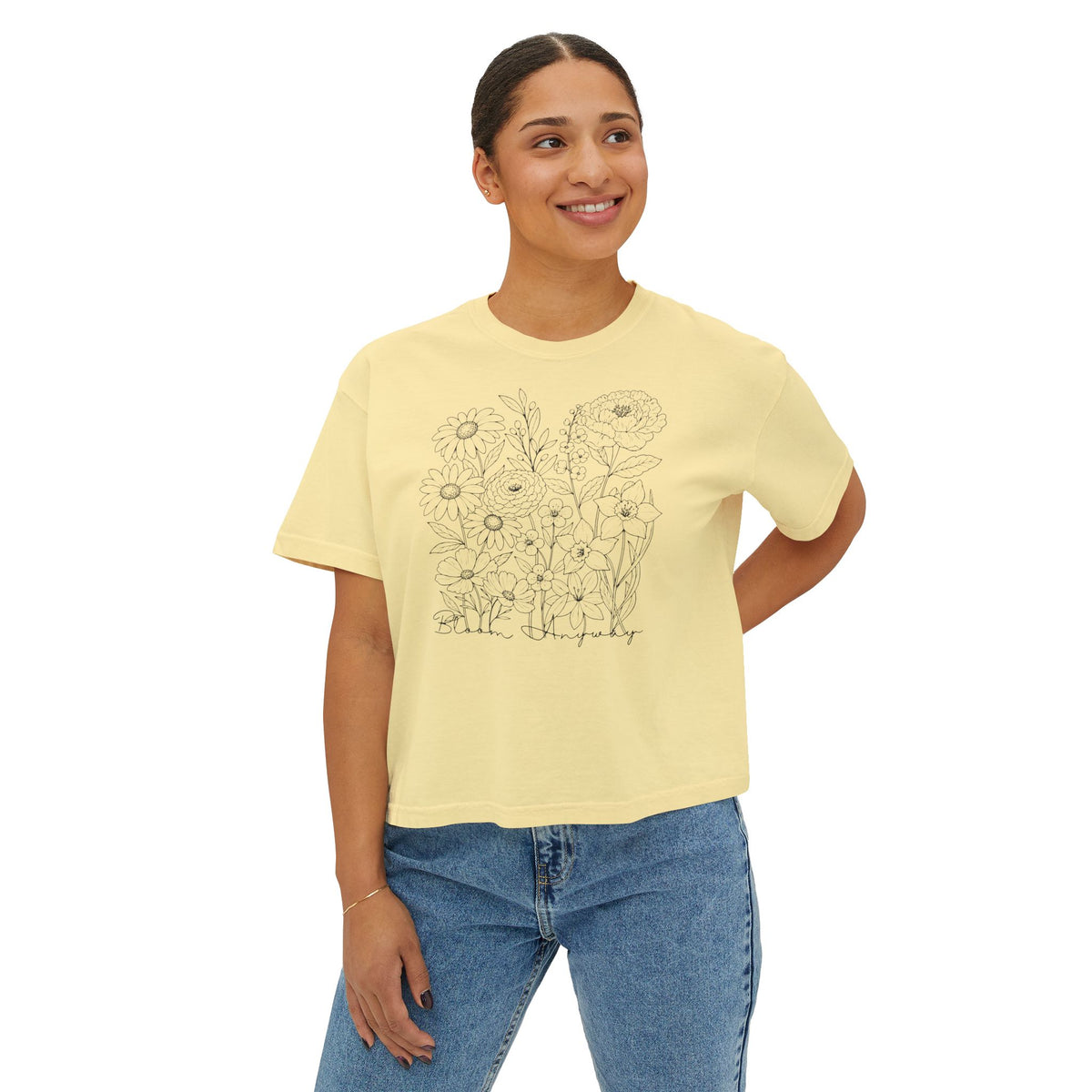 Floral Line Art Boxy T-Shirt, Women’s Botanical Sketch Tee - 14987