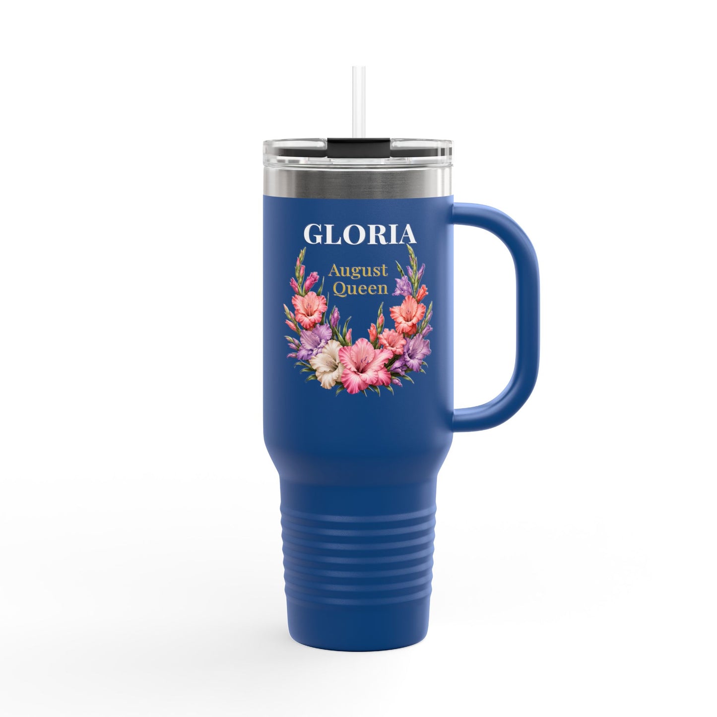 Personalized August Queen 40oz Insulated Travel Mug – Custom Name Floral Birthday Tumbler - 14917
