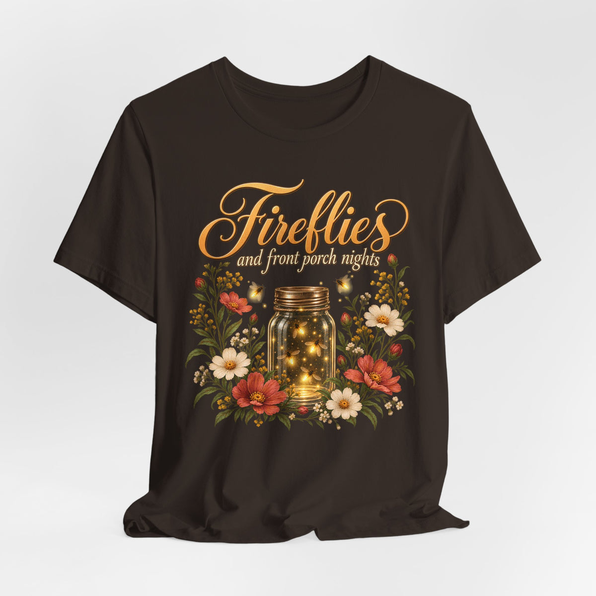Fireflies and Front Porch Nights T-Shirt, Vintage Floral Mason Jar Tee - 14567