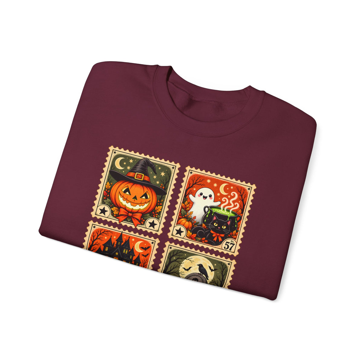 Vintage Halloween Stamp Sweatshirt, Spooky Pumpkin & Ghost Crewneck - 14510