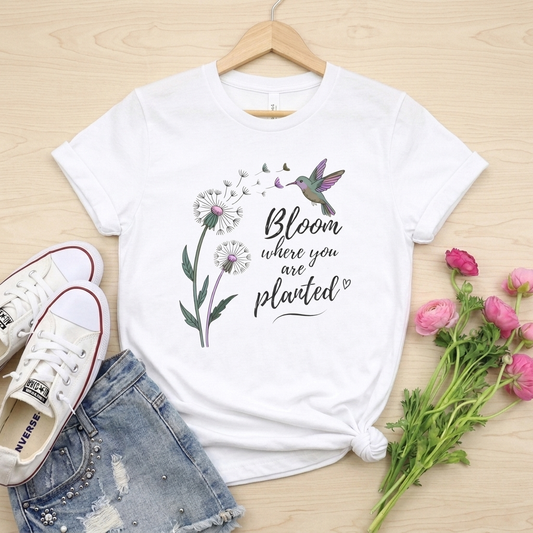 Bloom Where You Are Planted T-Shirt, Hummingbird & Dandelion Floral Graphic Tee - 14927