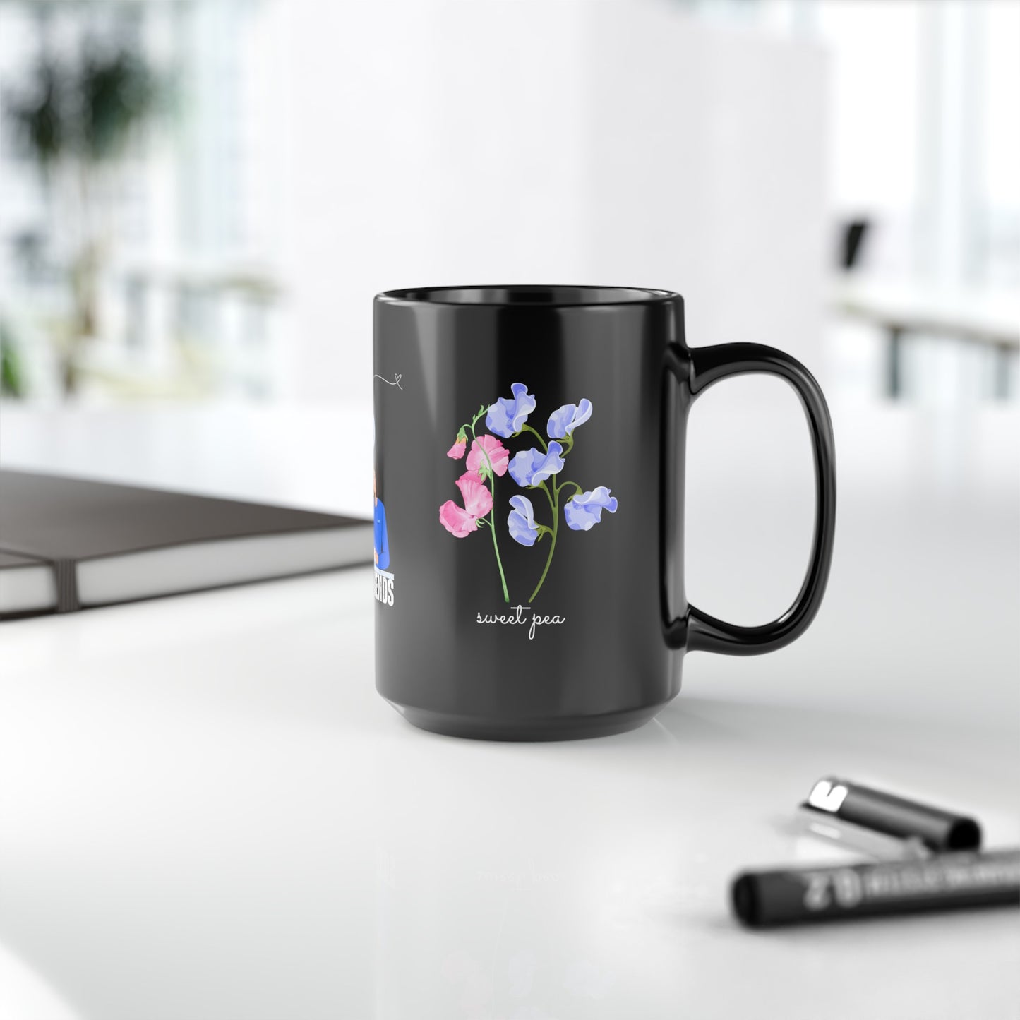 Happy Birthday April Mug - Featuring Daisy and Sweet Pea, Customized Ceramic Black Mug (11oz, 15oz)