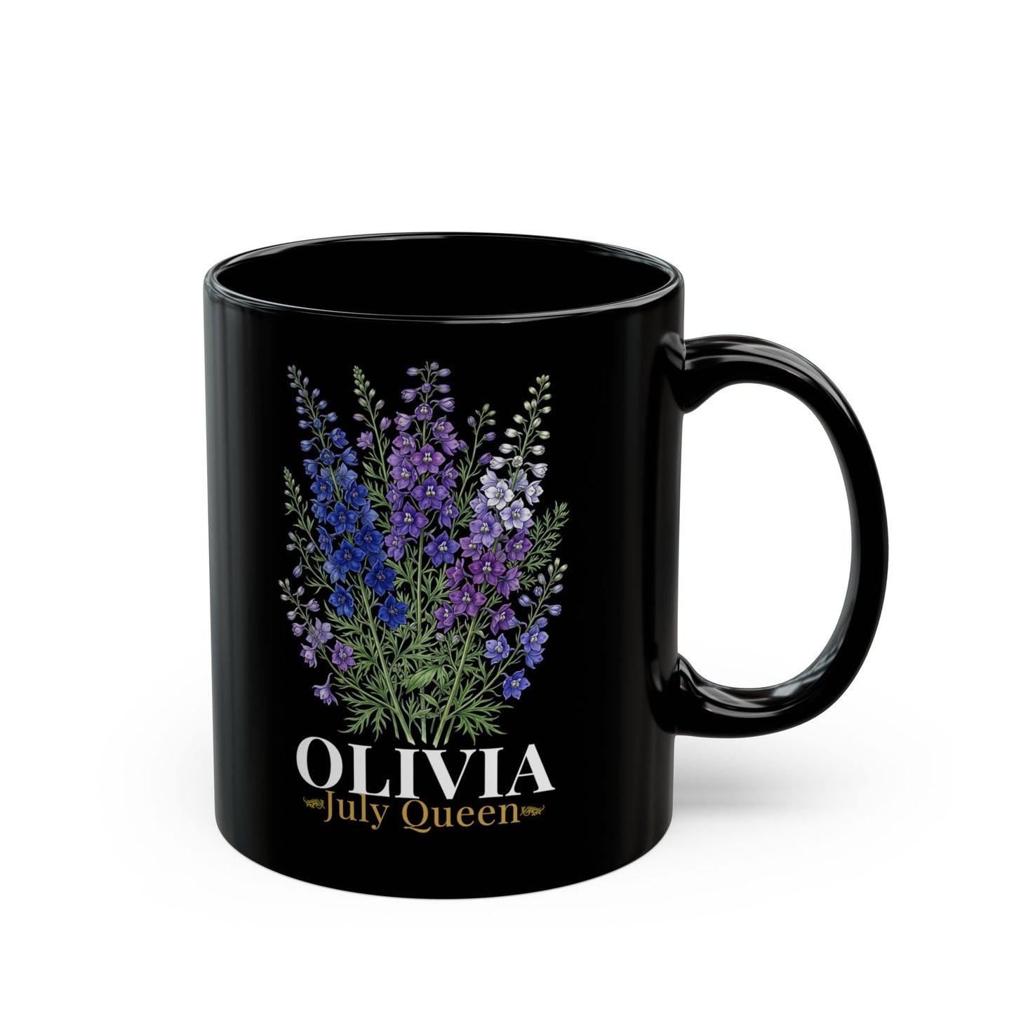 Personalized July Birth Flower Mug – Custom Name Larkspur Floral Coffee Cup, July Queen Gift for Her, Black Mug 11oz 15oz - 14905