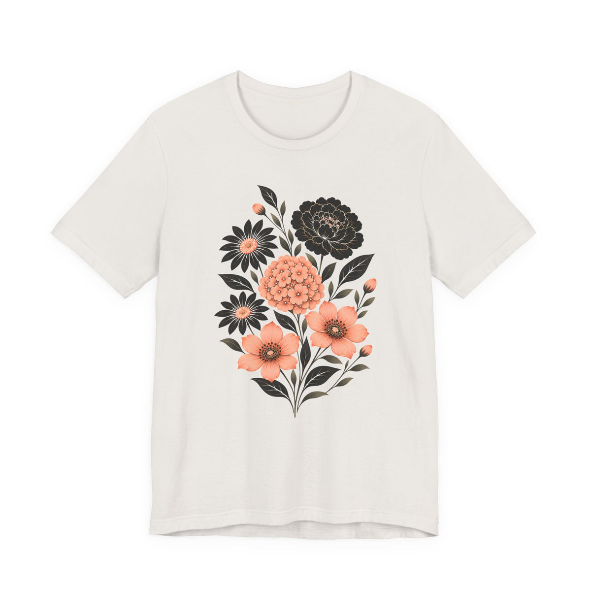 Floral Bouquet T-Shirt, Peach & Black Garden Flower Tee - 14502