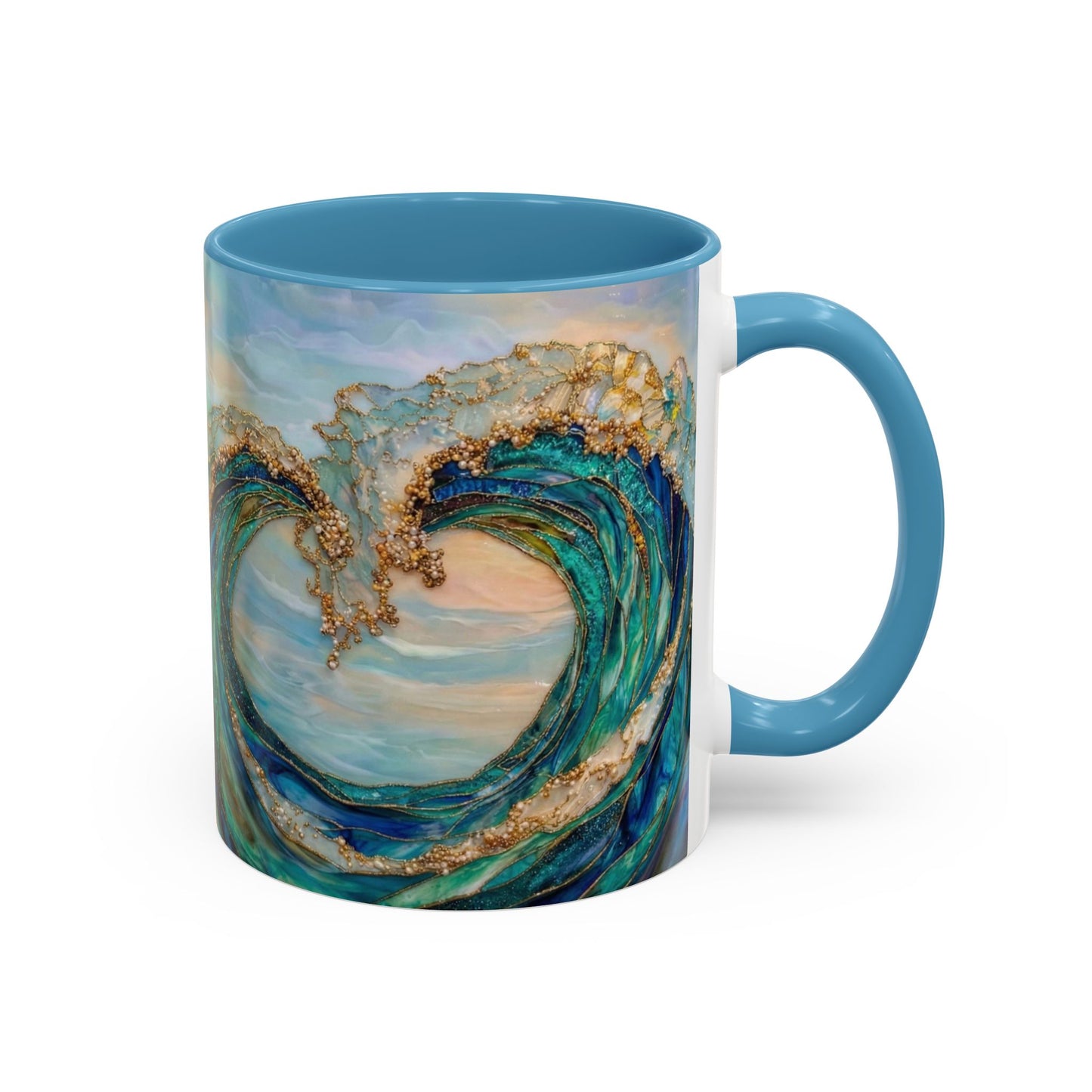 Ocean Heart Wave Coffee Mug — Teal Blue Accent Beachy Ceramic Mug (11/15oz) - 14521