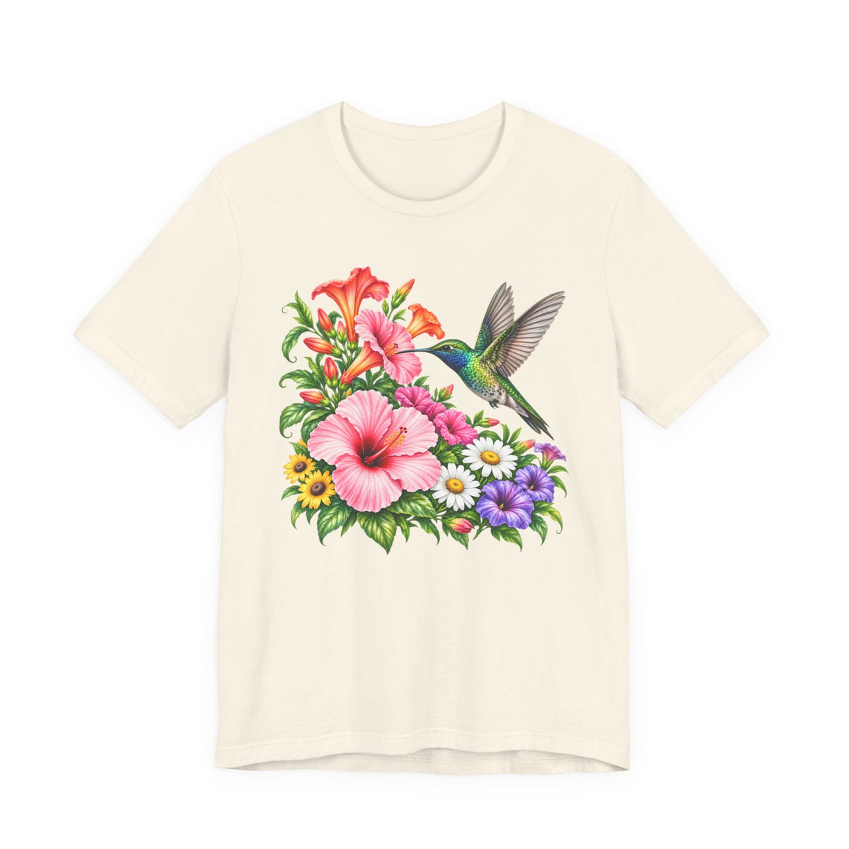 Hummingbird & Hibiscus T-Shirt, Colorful Tropical Floral Garden Tee - 14542