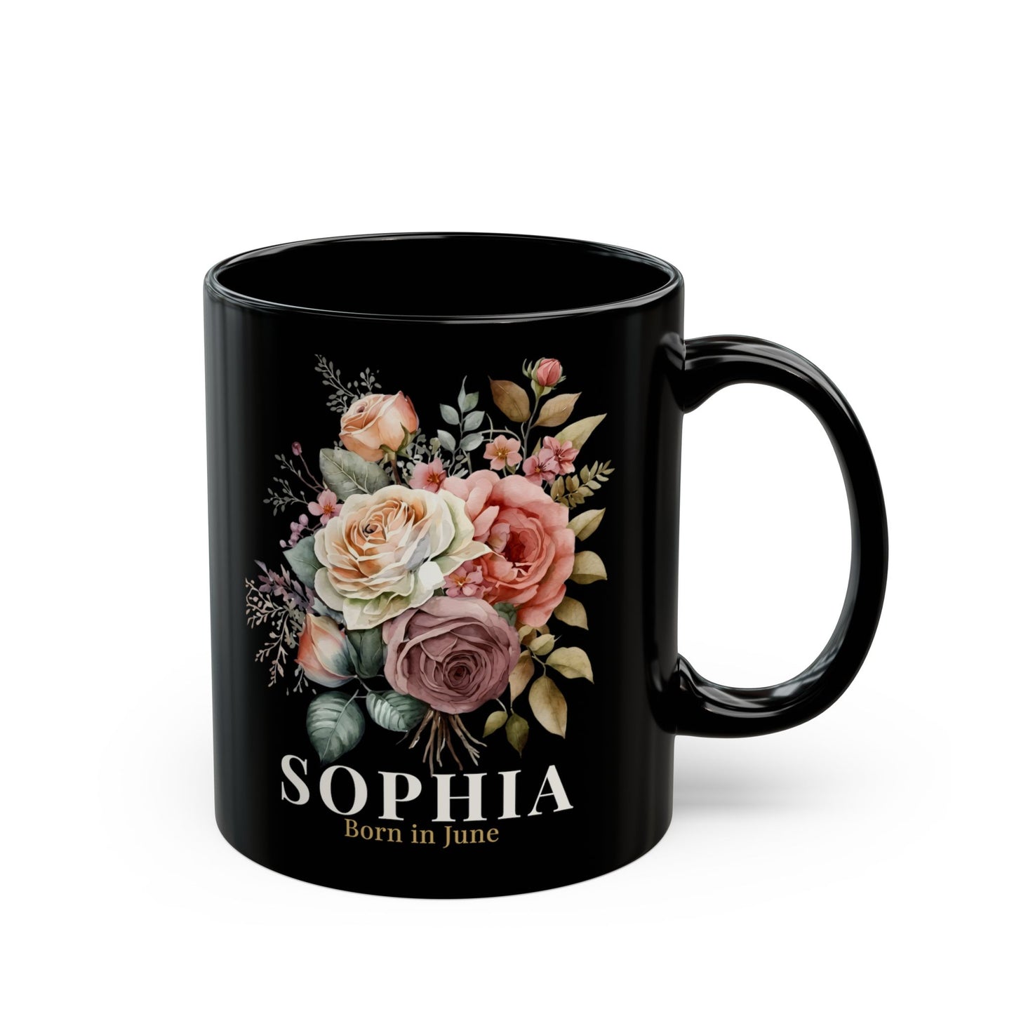 Custom Born in June Mug – Personalized June Birthday Floral Rose Coffee Cup, Black Ceramic Mug 11oz 15oz - 14894