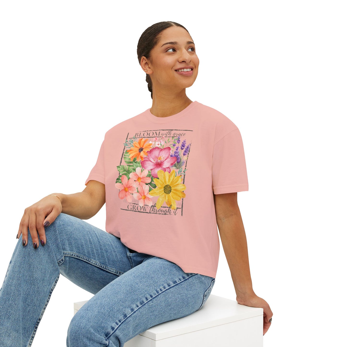 Bloom With Grace Floral Boxy Tee,  “Grow Through It” Inspirational Women’s T-Shirt - 14944
