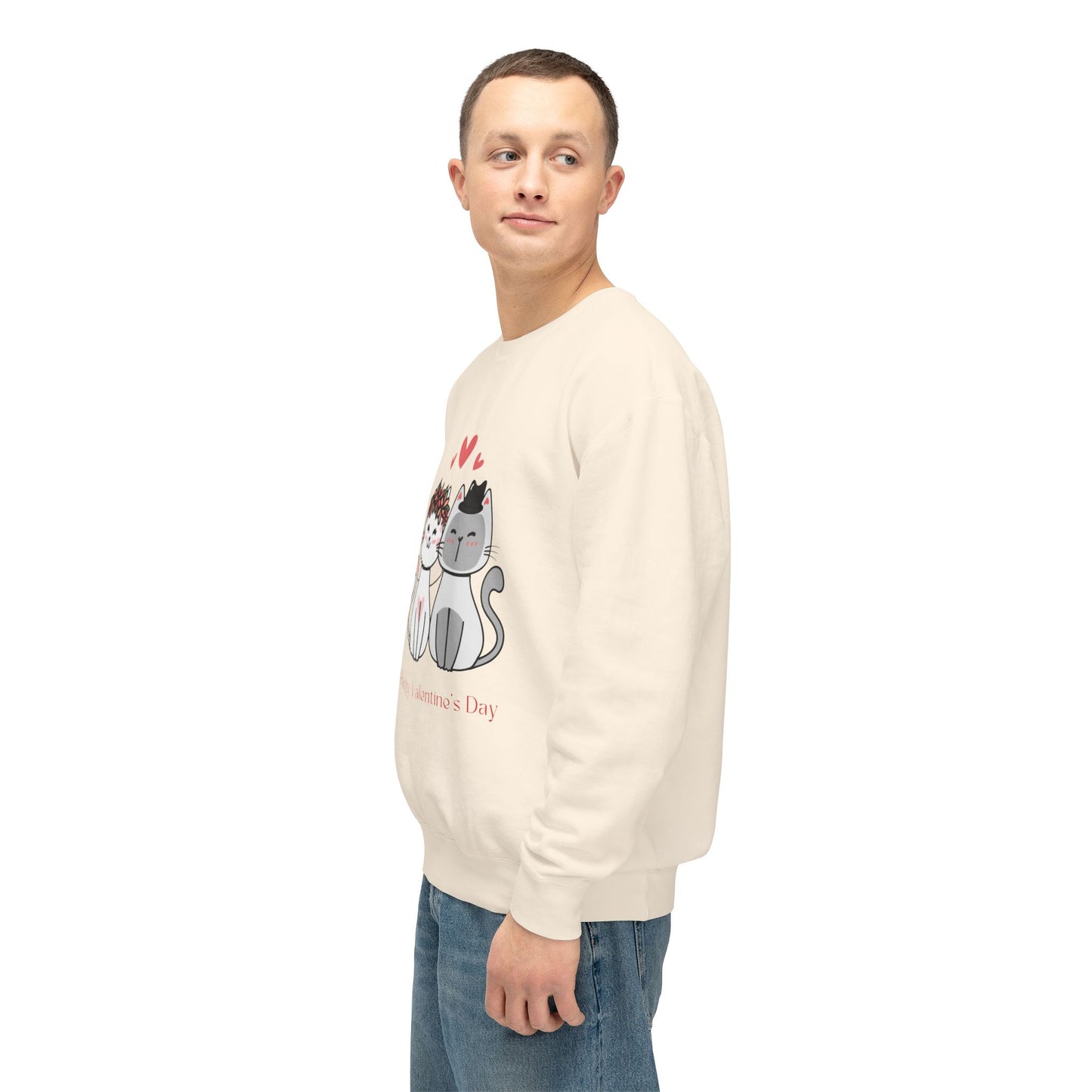 Two Cats, Happy Valentine's Day - Unisex Lightweight Crewneck Sweatshirt - 11387