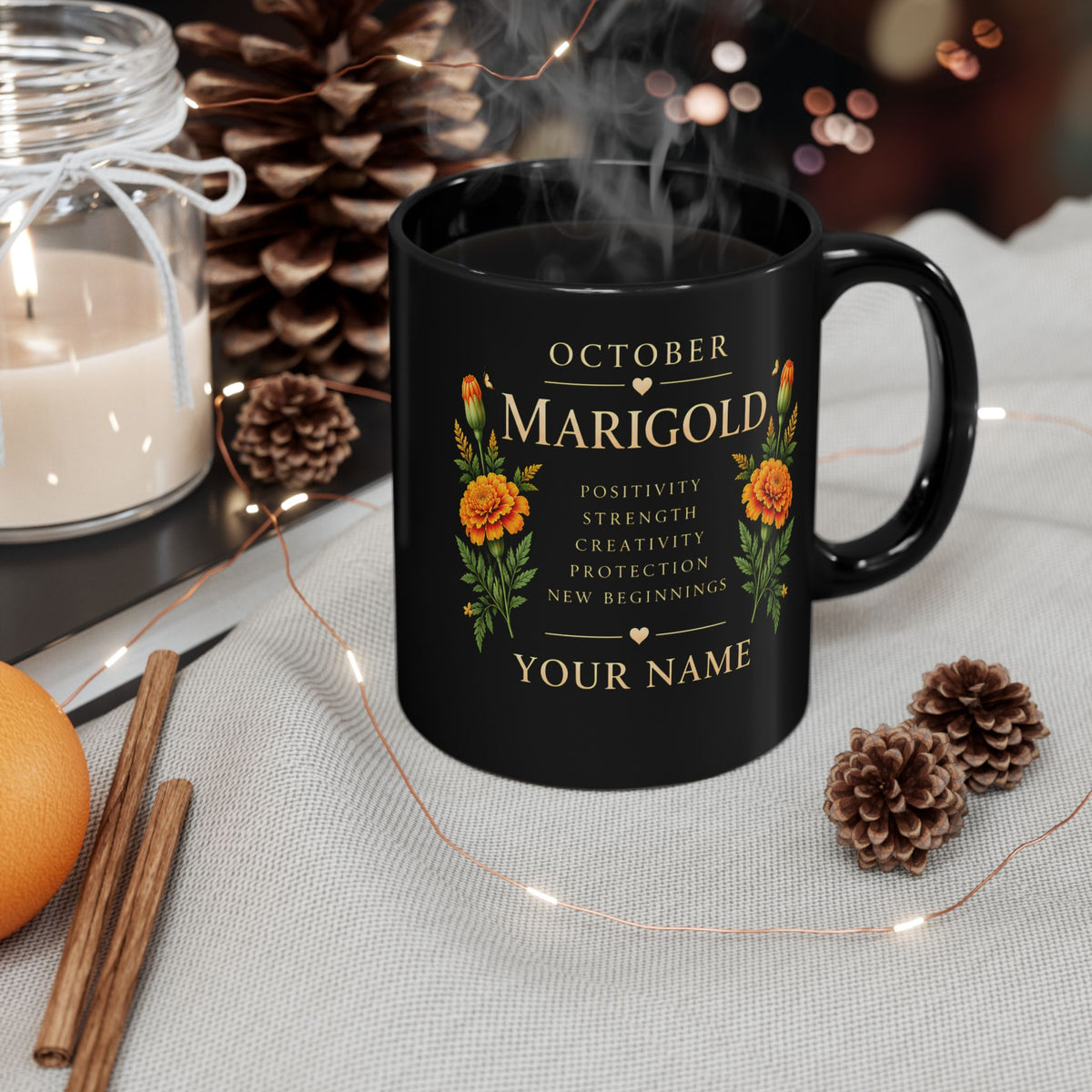 Personalized October Marigold Black Mug, Custom Name Birth Flower Coffee Cup - 14977
