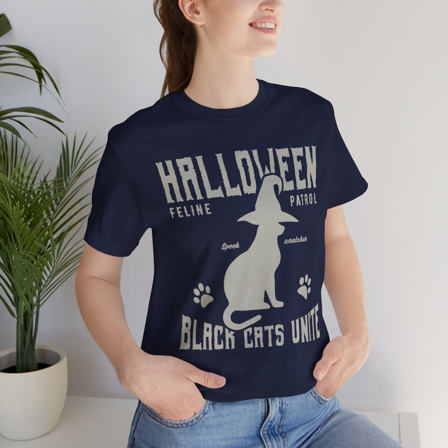 Halloween Feline Patrol, Spook Scratcher, Black Cats Unite  - Unisex Jersey Short Sleeve Tee - 12928