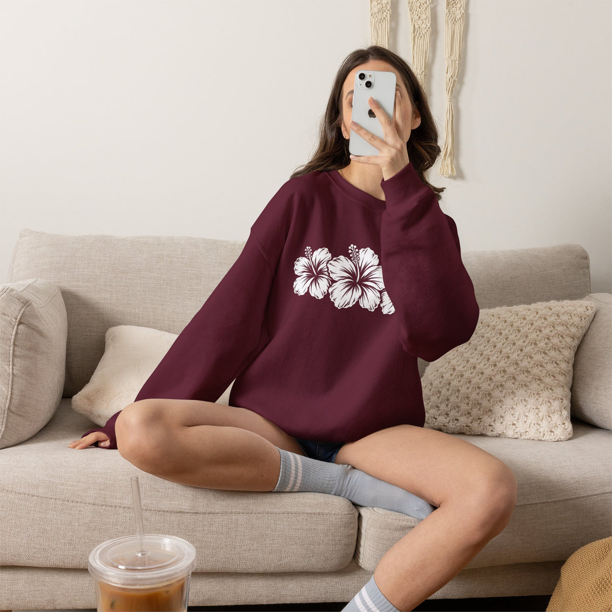 Hibiscus Floral Crewneck Sweatshirt,  Tropical Flower Graphic - 14996