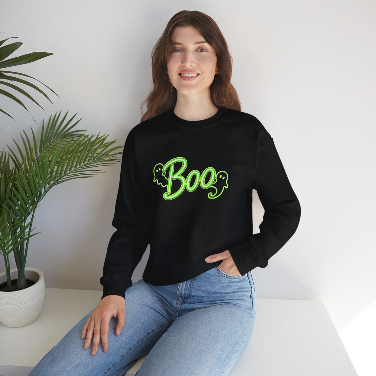 Neon Boo Halloween Sweatshirt, Cute Ghost Crewneck - 14517