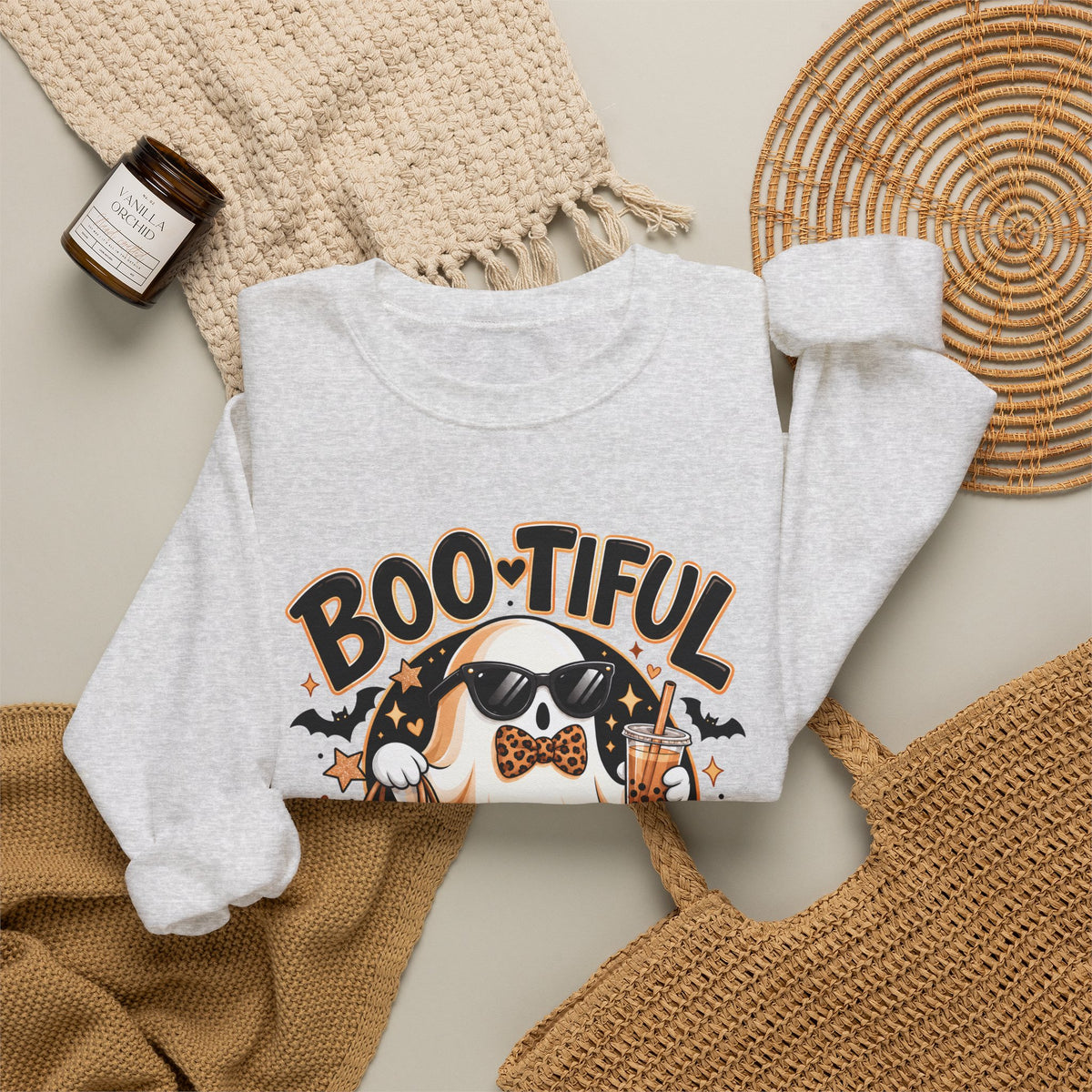 Boo-tiful Halloween Ghost Sweatshirt,  Leopard Print Crewneck - 14523