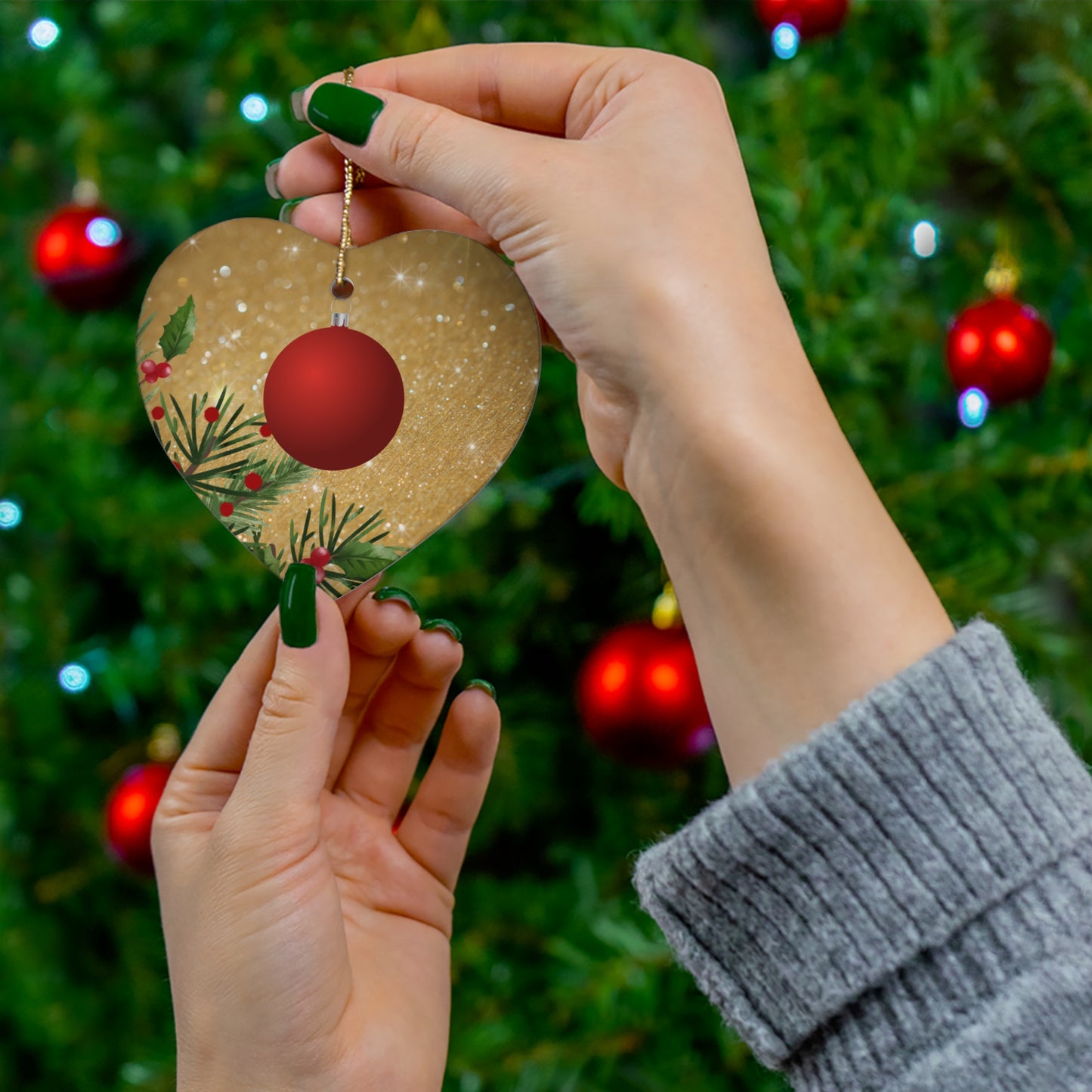 Festive Red Glow - Ceramic Ornament, 4 Shapes