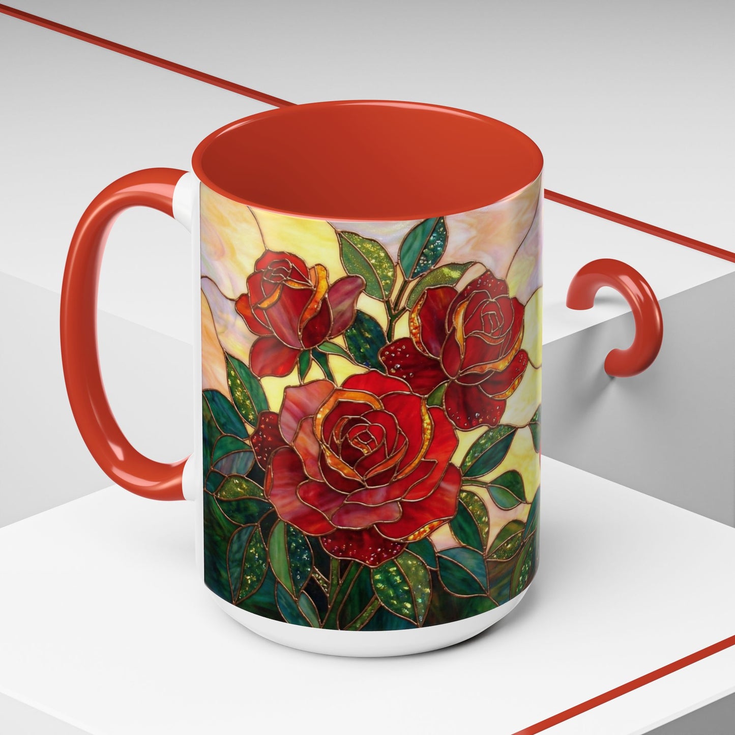 Rose Stained Glass Accent Coffee Mug – Red Roses Floral 11/15oz - 14539